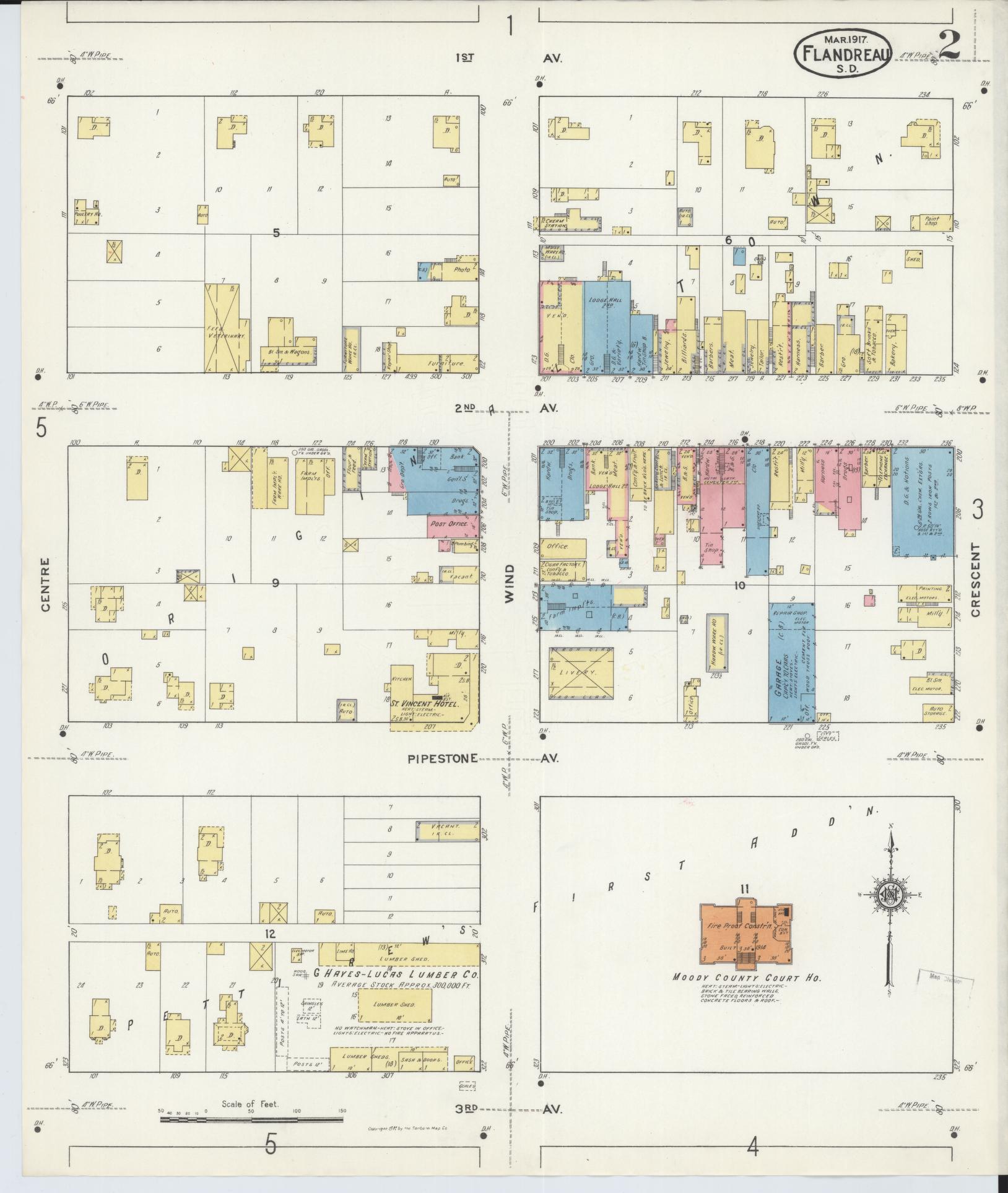 Sanborn Fire Insurance Map from Flandreau, Moody County, South Dakota (1917), Sheet #0002 - Complete Map Set gallery image, historic Sanborn map, vintage wall art, South Dakota South Dakota