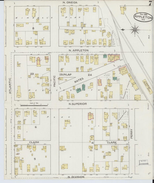 Sanborn Fire Insurance Map from Appleton, Outagamie County, Wisconsin (1886), Sheet #0007 - Historic Sanborn Fire Insurance Map Print, vintage old map wall art, antique decor, genealogy gift, Wisconsin Wisconsin map