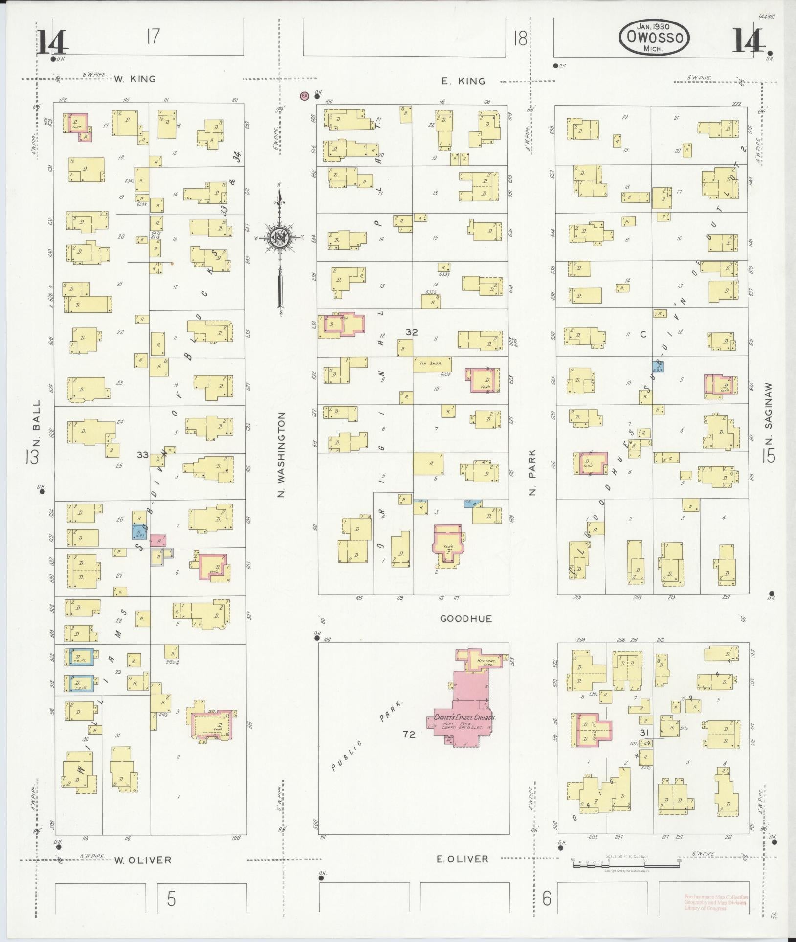 Sanborn Fire Insurance Map from Owosso, Shiawassee County, Michigan (1930), Sheet #0014 - Complete Map Set gallery image, historic Sanborn map, vintage wall art, Michigan Michigan