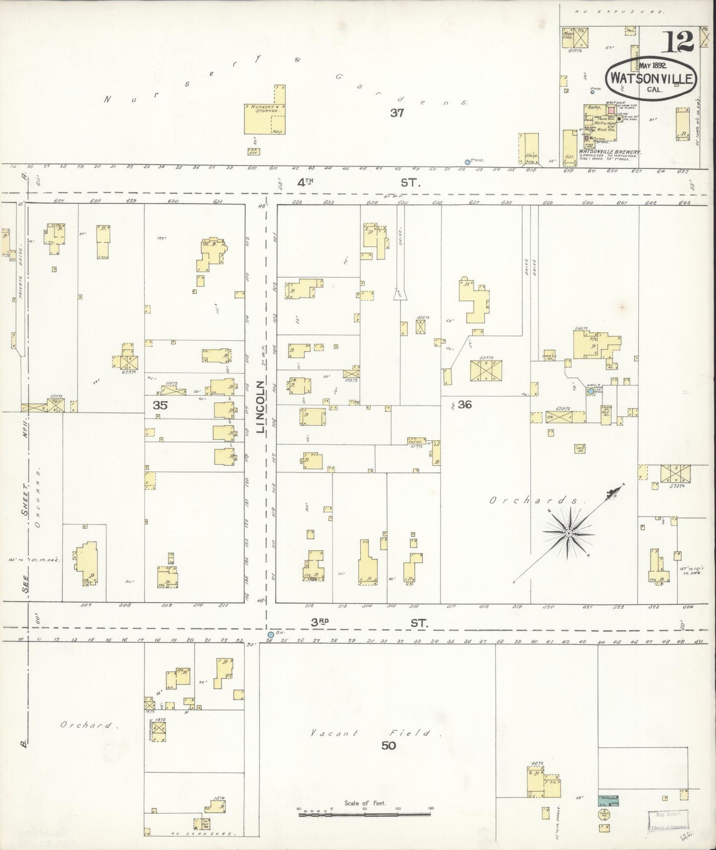Sanborn Fire Insurance Map from Watsonville, Santa Cruz County, California (1892), Sheet #0012 - Complete Map Set gallery image, historic Sanborn map, vintage wall art, California California