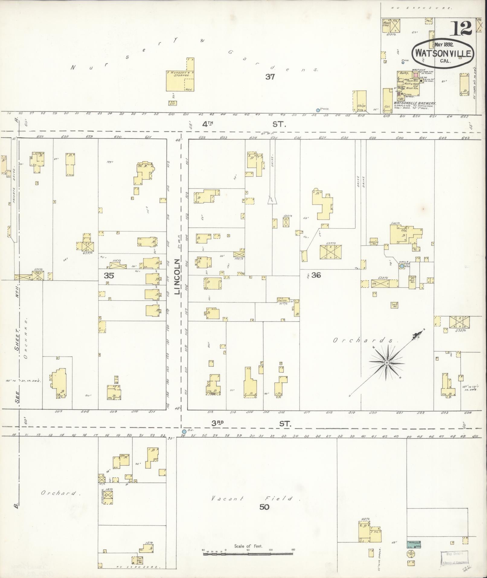 Sanborn Fire Insurance Map from Watsonville, Santa Cruz County, California (1892), Sheet #0012 - Complete Map Set gallery image, historic Sanborn map, vintage wall art, California California