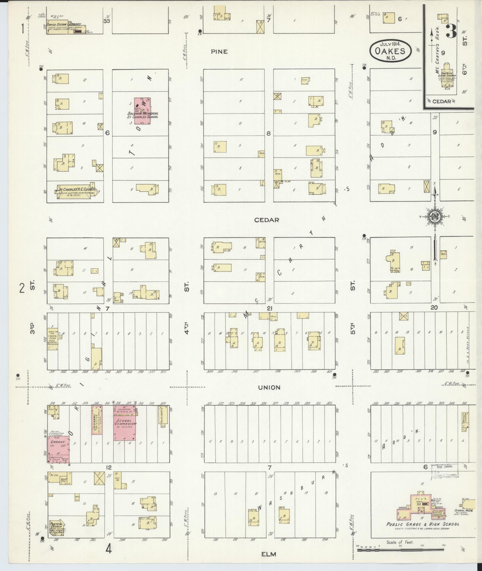 Sanborn Fire Insurance Map from Oakes, Dickey County, North Dakota (1914), Sheet #0003 - Historic Sanborn Fire Insurance Map Print, vintage old map wall art, antique decor, genealogy gift, North Dakota North Dakota map