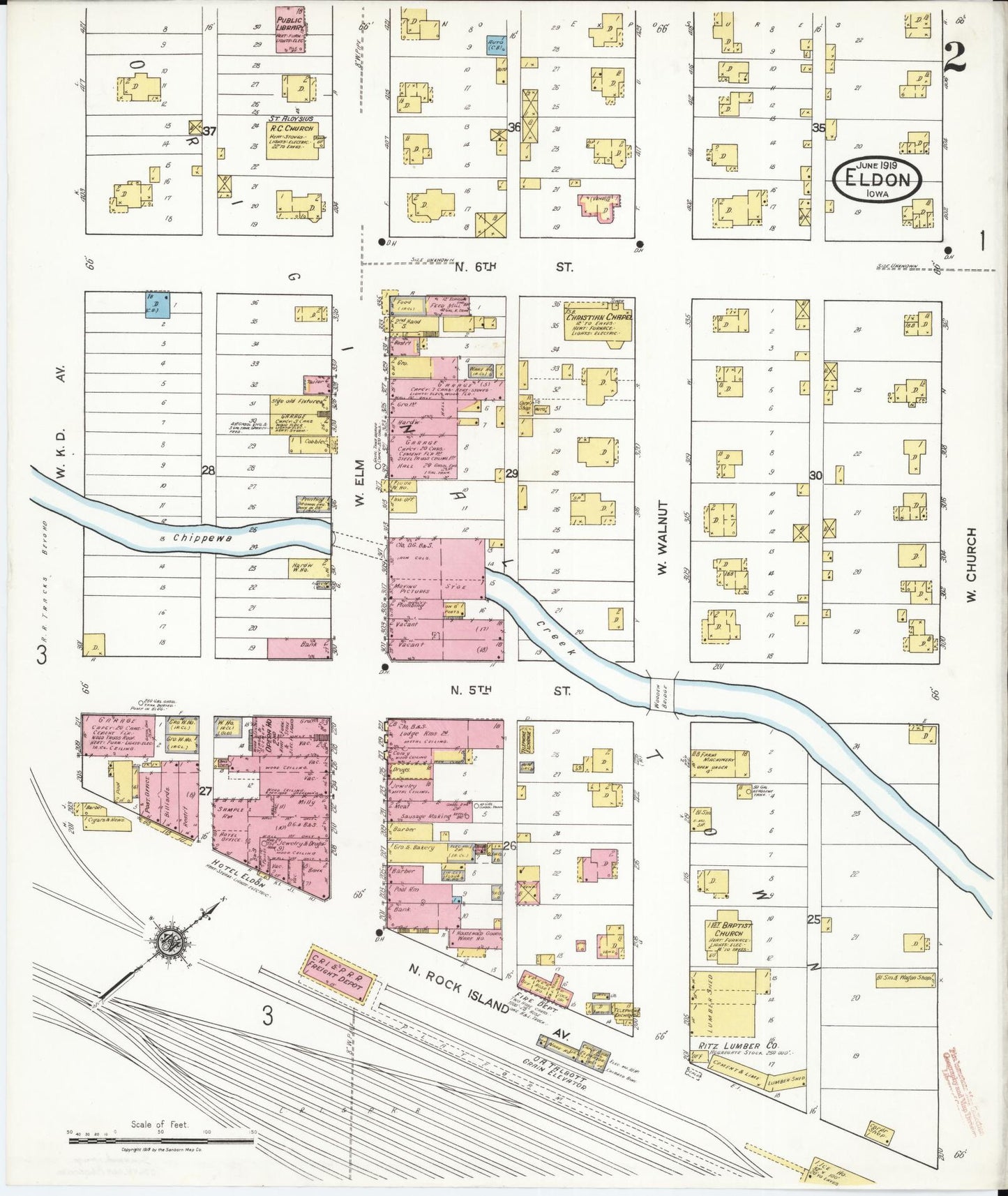 Sanborn Fire Insurance Map from Eldon, Wapello County, Iowa (1919), Sheet #0002 - Historic Sanborn Fire Insurance Map Print, vintage old map wall art