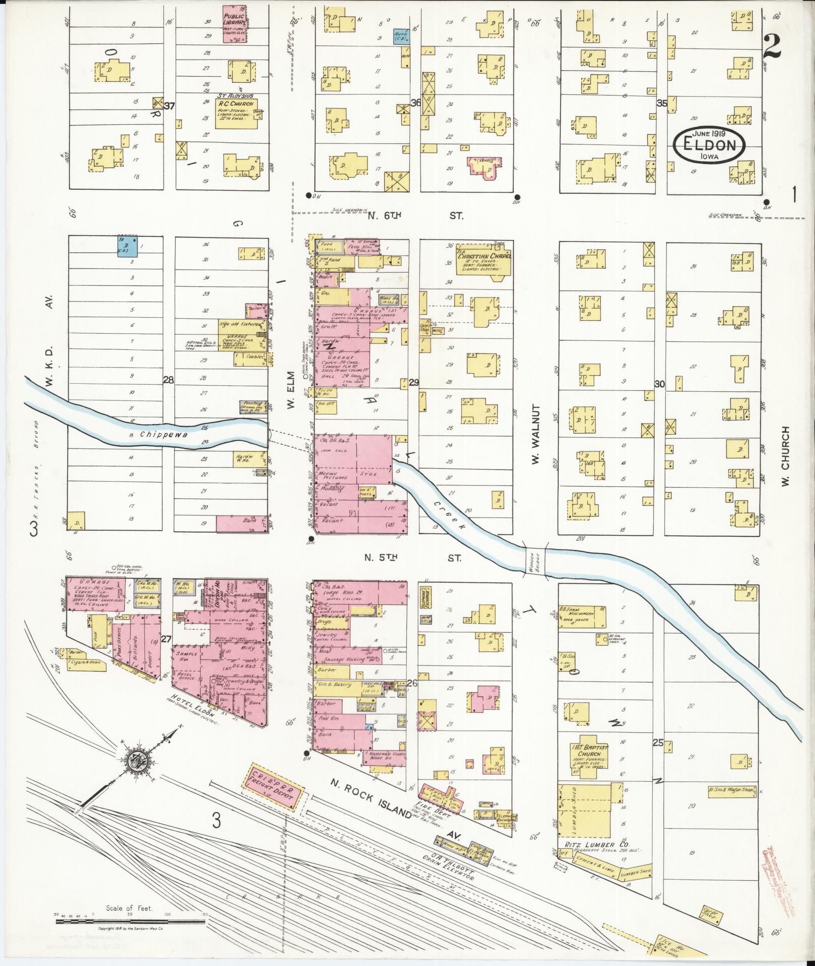 Sanborn Fire Insurance Map from Eldon, Wapello County, Iowa (1919), Sheet #0002 - Historic Sanborn Fire Insurance Map Print, vintage old map wall art