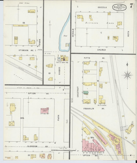 Sanborn Fire Insurance Map from Reed City, Osceola County, Michigan (1895), Sheet #0007 - Historic Sanborn Fire Insurance Map Print, vintage old map wall art, antique decor, genealogy gift, Michigan Michigan map