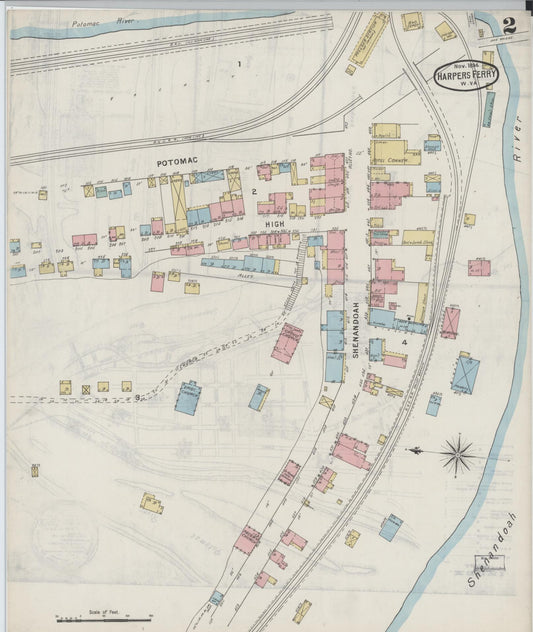 Sanborn Fire Insurance Map from Harpers Ferry, Jefferson County, West Virginia (1894), Sheet #0002 - Historic Sanborn Fire Insurance Map Print, vintage old map wall art, antique decor, genealogy gift, West Virginia West Virginia map