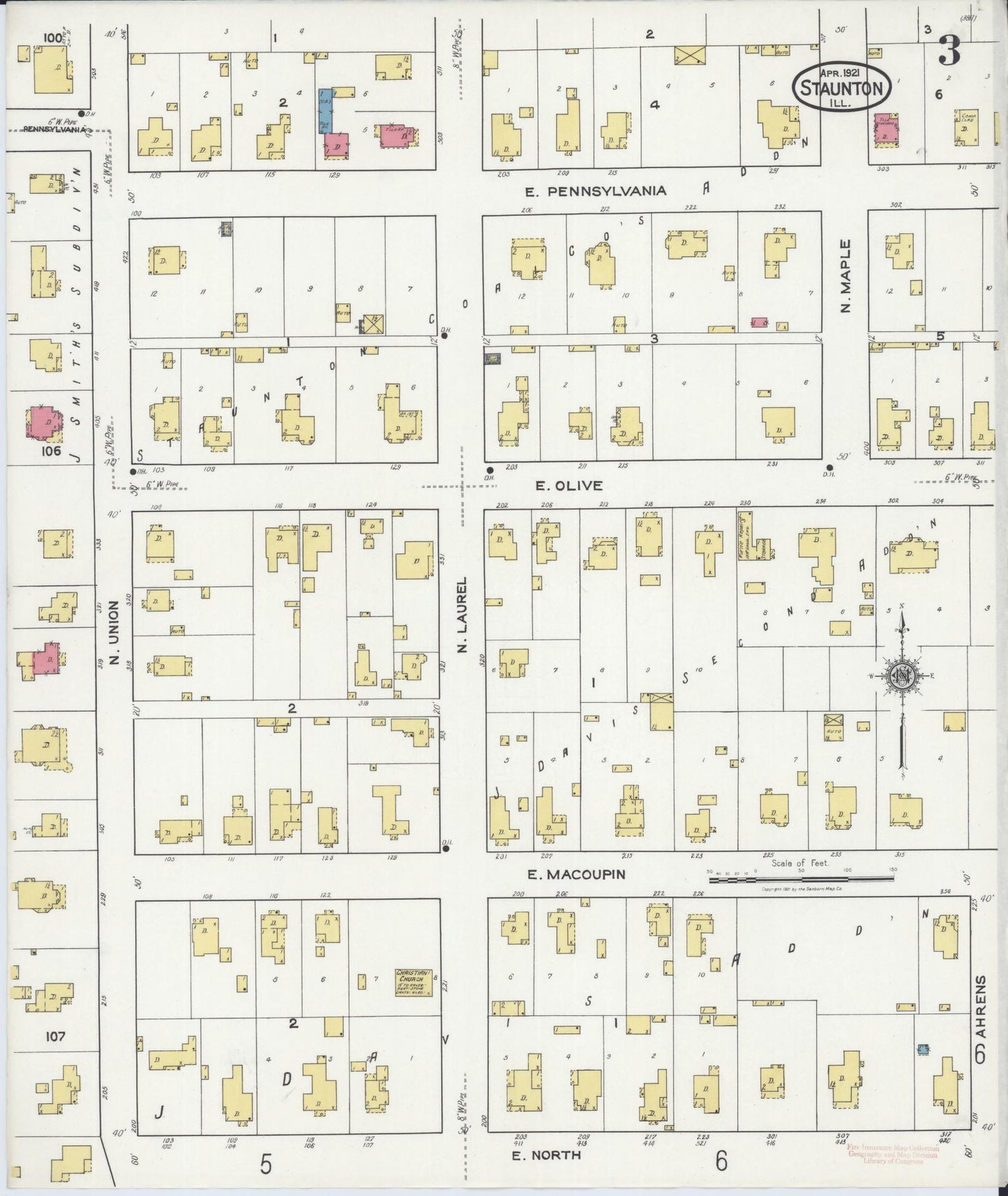 Sanborn Fire Insurance Map from Staunton, Macoupin County, Illinois (1921), Sheet #0003 - Historic Sanborn Fire Insurance Map Print, vintage old map wall art, antique decor, genealogy gift, Illinois Illinois map