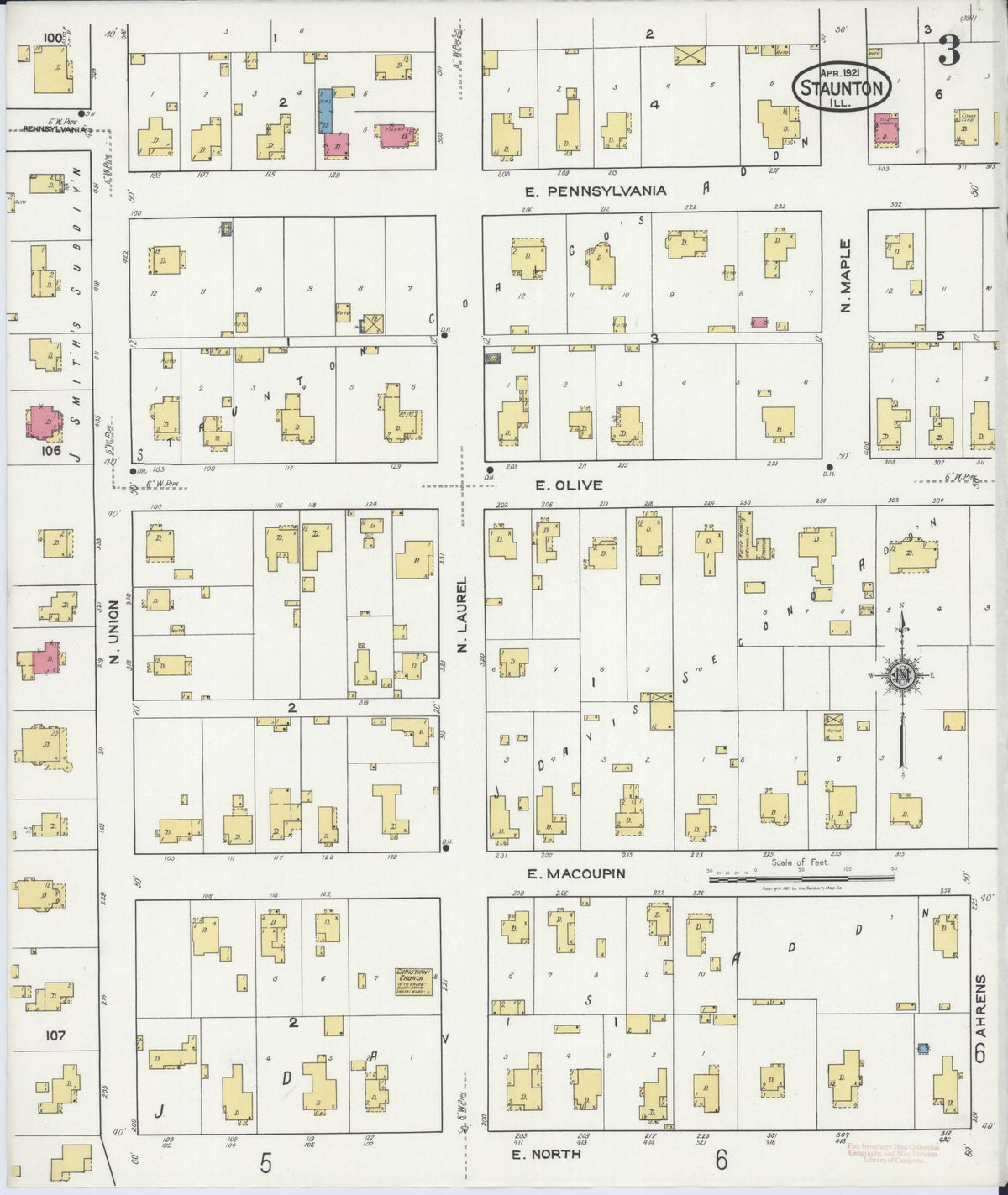 Sanborn Fire Insurance Map from Staunton, Macoupin County, Illinois (1921), Sheet #0003 - Historic Sanborn Fire Insurance Map Print, vintage old map wall art, antique decor, genealogy gift, Illinois Illinois map