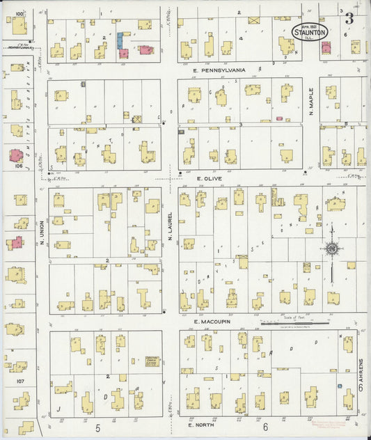 Sanborn Fire Insurance Map from Staunton, Macoupin County, Illinois (1921), Sheet #0003 - Historic Sanborn Fire Insurance Map Print, vintage old map wall art, antique decor, genealogy gift, Illinois Illinois map