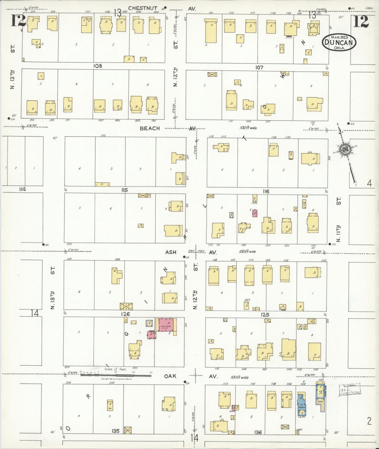 Sanborn Fire Insurance Map from Duncan, Stephens County, Oklahoma (1923), Sheet #0012 - Complete Map Set gallery image, historic Sanborn map, vintage wall art, Oklahoma Oklahoma