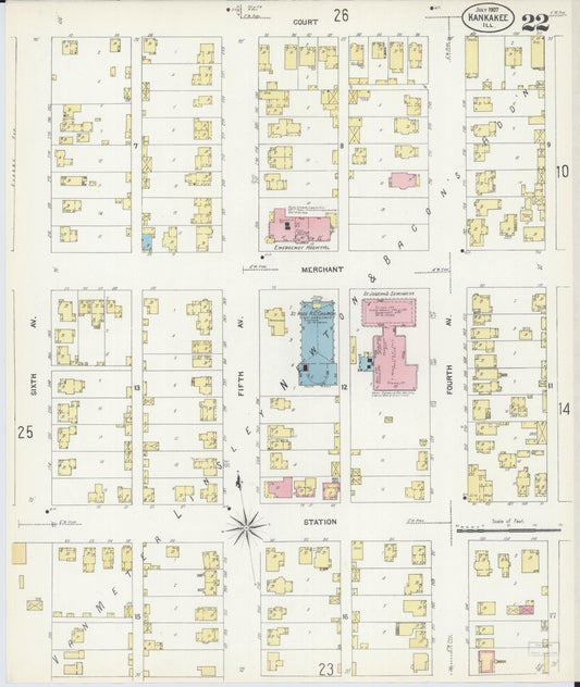 Sanborn Fire Insurance Map from Kankakee, Kankakee County, Illinois (1907), Sheet #0022 - Historic Sanborn Fire Insurance Map Print, vintage old map wall art, antique decor, genealogy gift, Illinois Illinois map