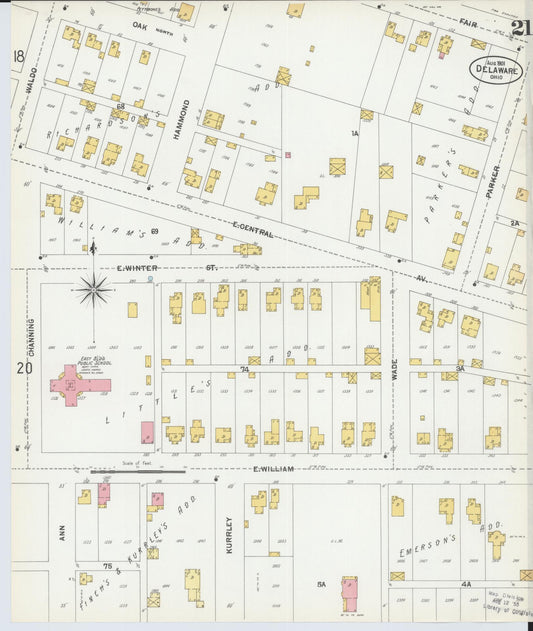Sanborn Fire Insurance Map from Delaware, Delaware County, Ohio (1901), Sheet #0021 - Historic Sanborn Fire Insurance Map Print, vintage old map wall art, antique decor, genealogy gift, Sanborn Fire Insurance Map from Delaware Delaware map
