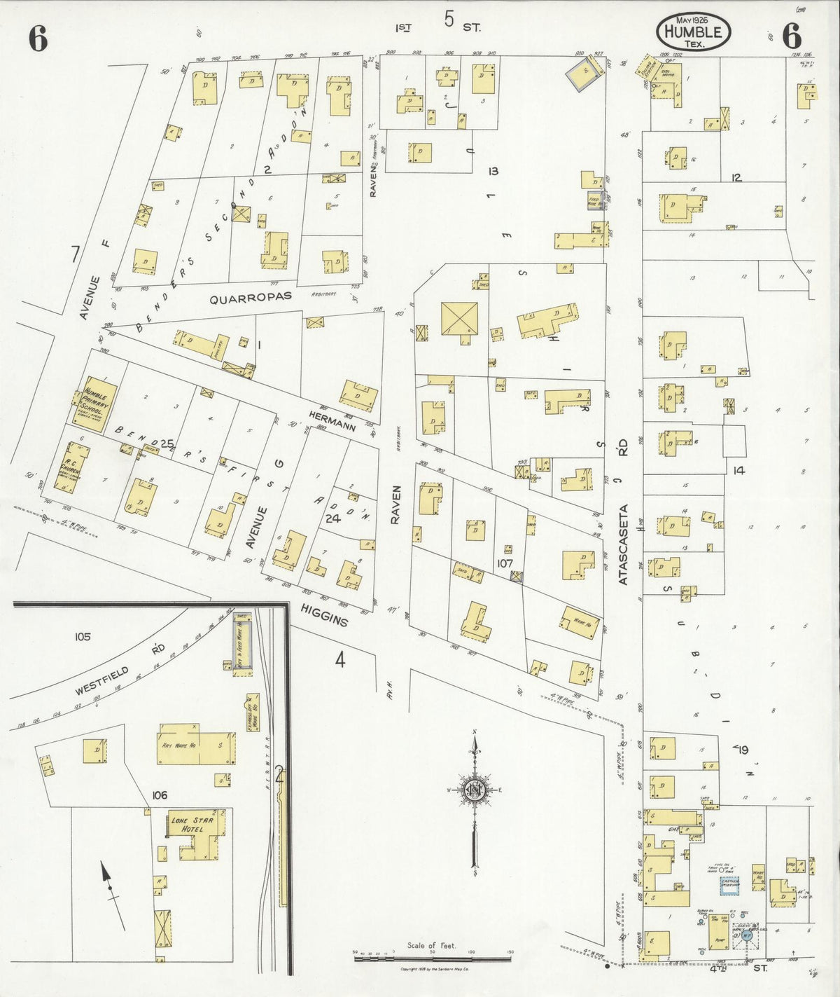 Sanborn Fire Insurance Map from Humble, Harris County, Texas (1926), Sheet #0006 - Historic Sanborn Fire Insurance Map Print, vintage old map wall art, antique decor, genealogy gift, Texas Texas map