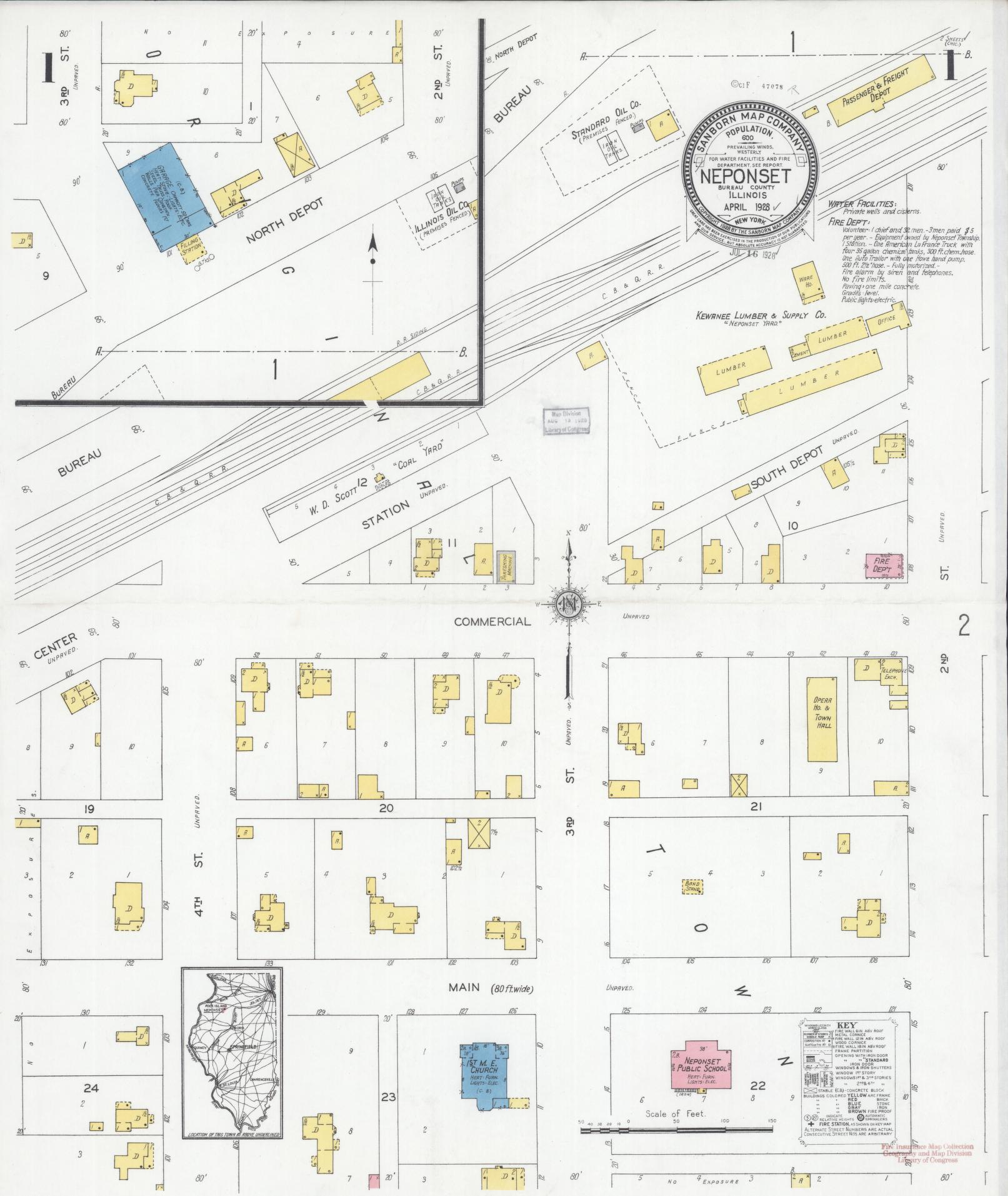 Sanborn Fire Insurance Map from Neponset, Bureau County, Illinois (1928), Sheet #0001 - Complete Map Set gallery image, historic Sanborn map, vintage wall art, Illinois Illinois