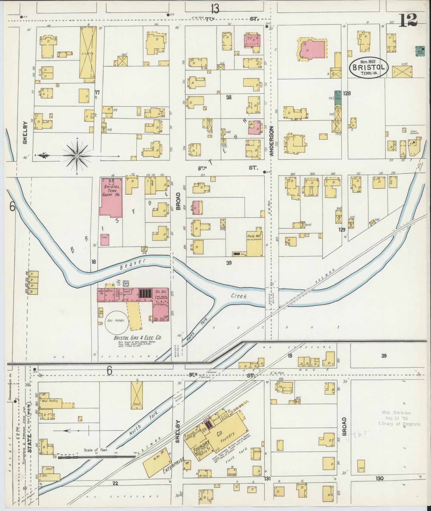 Sanborn Fire Insurance Map from Bristol, Sullivan County, Tennessee (1902), Sheet #0012 - Historic Sanborn Fire Insurance Map Print, vintage old map wall art, antique decor, genealogy gift, Tennessee Tennessee map