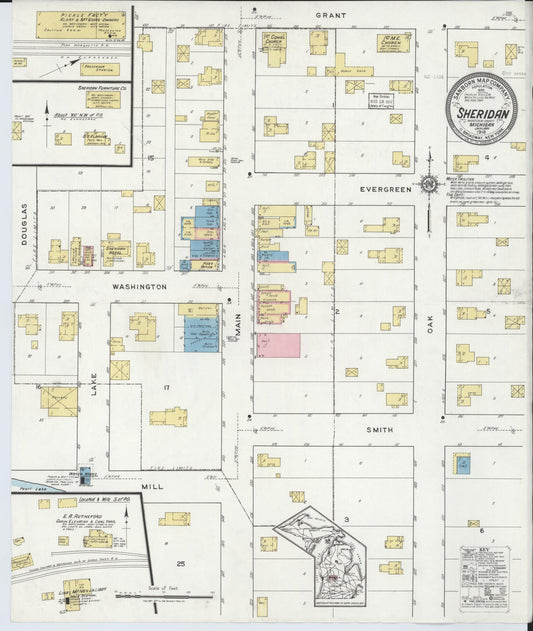 Sanborn Fire Insurance Map from Sheridan, Montcalm County, Michigan (1918), Sheet #0001 - Historic Sanborn Fire Insurance Map Print, vintage old map wall art, antique decor, genealogy gift, Michigan Michigan map
