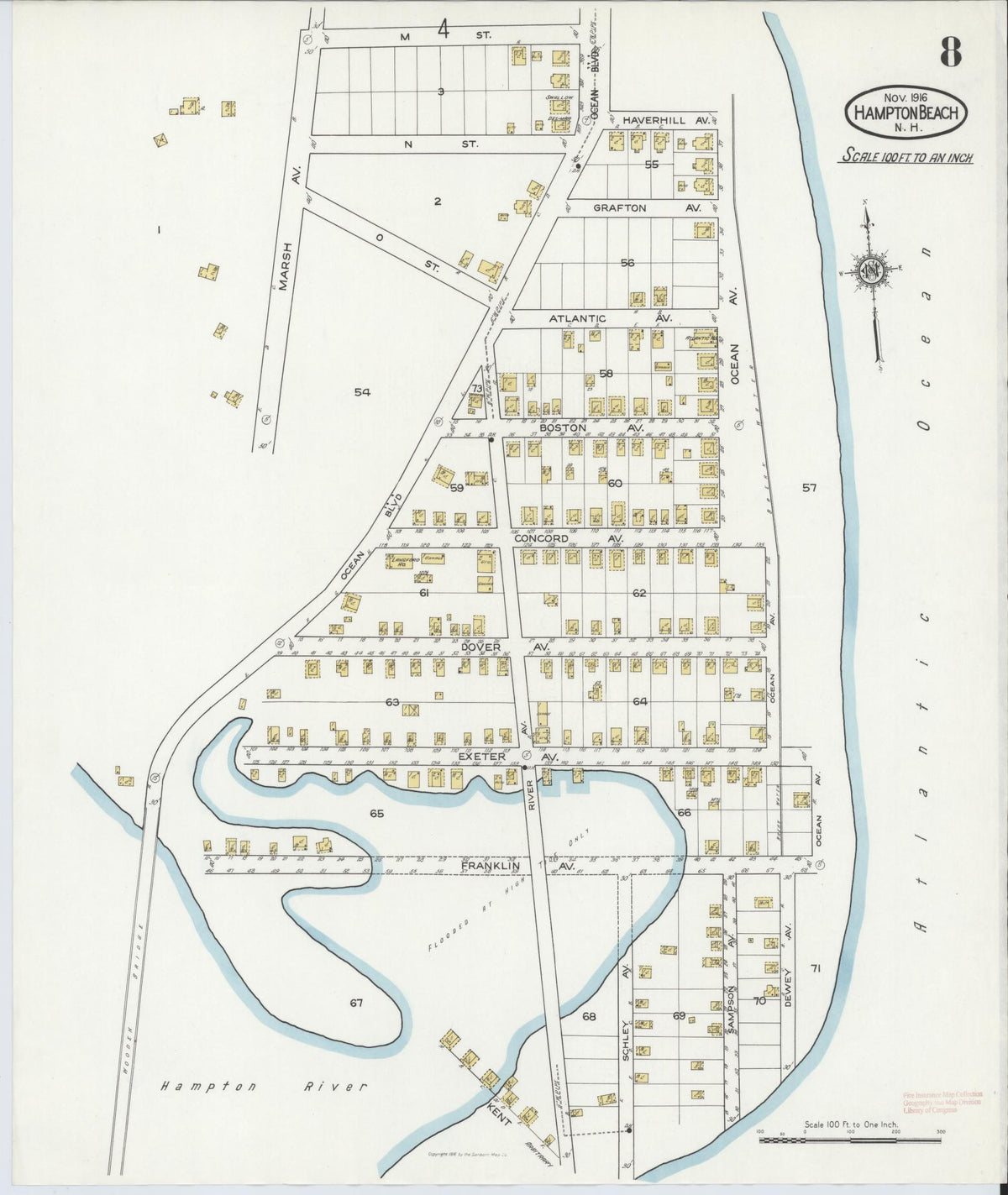 Sanborn Fire Insurance Map from Hampton Beach, Rockingham County, New Hampshire (1916), Sheet #0008 - Complete Map Set gallery image, historic Sanborn map, vintage wall art, New Hampshire New Hampshire