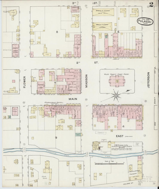 Sanborn Fire Insurance Map from Pulaski, Giles County, Tennessee (1888), Sheet #0002 - Historic Sanborn Fire Insurance Map Print, vintage old map wall art, antique decor, genealogy gift, Tennessee Tennessee map