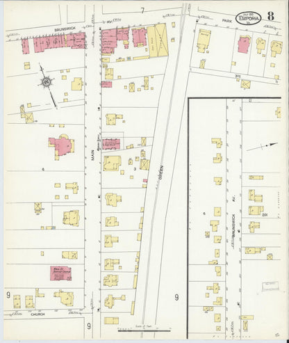Sanborn Fire Insurance Map from Emporia, Independent Cities, Virginia (1913), Sheet #0008 - Historic Sanborn Fire Insurance Map Print, vintage old map wall art, antique decor, genealogy gift, Virginia Virginia map