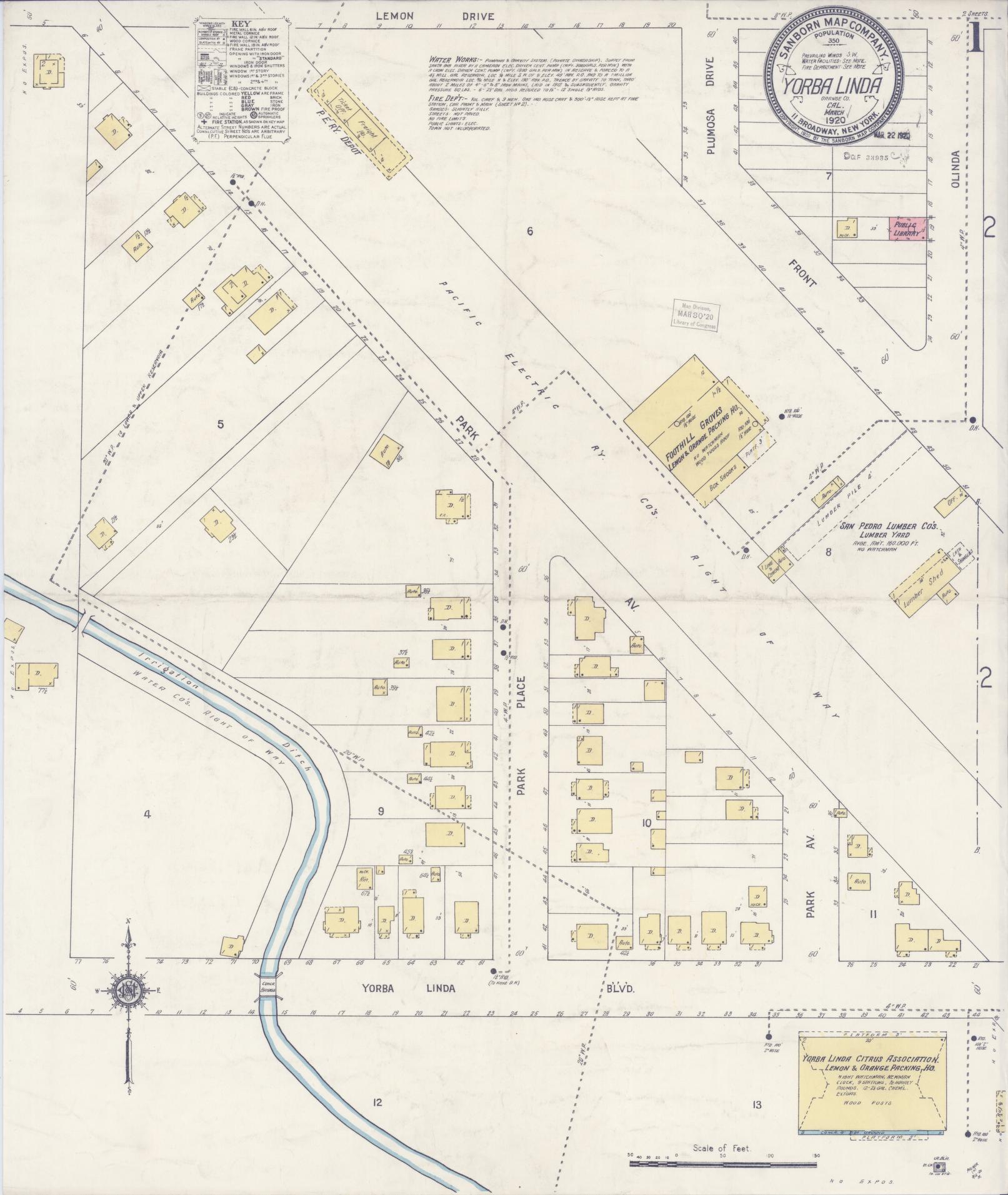 Sanborn Fire Insurance Map from Yorba Linda, Orange County, California (1920), Sheet #0001 - Complete Map Set gallery image, historic Sanborn map, vintage wall art, California California