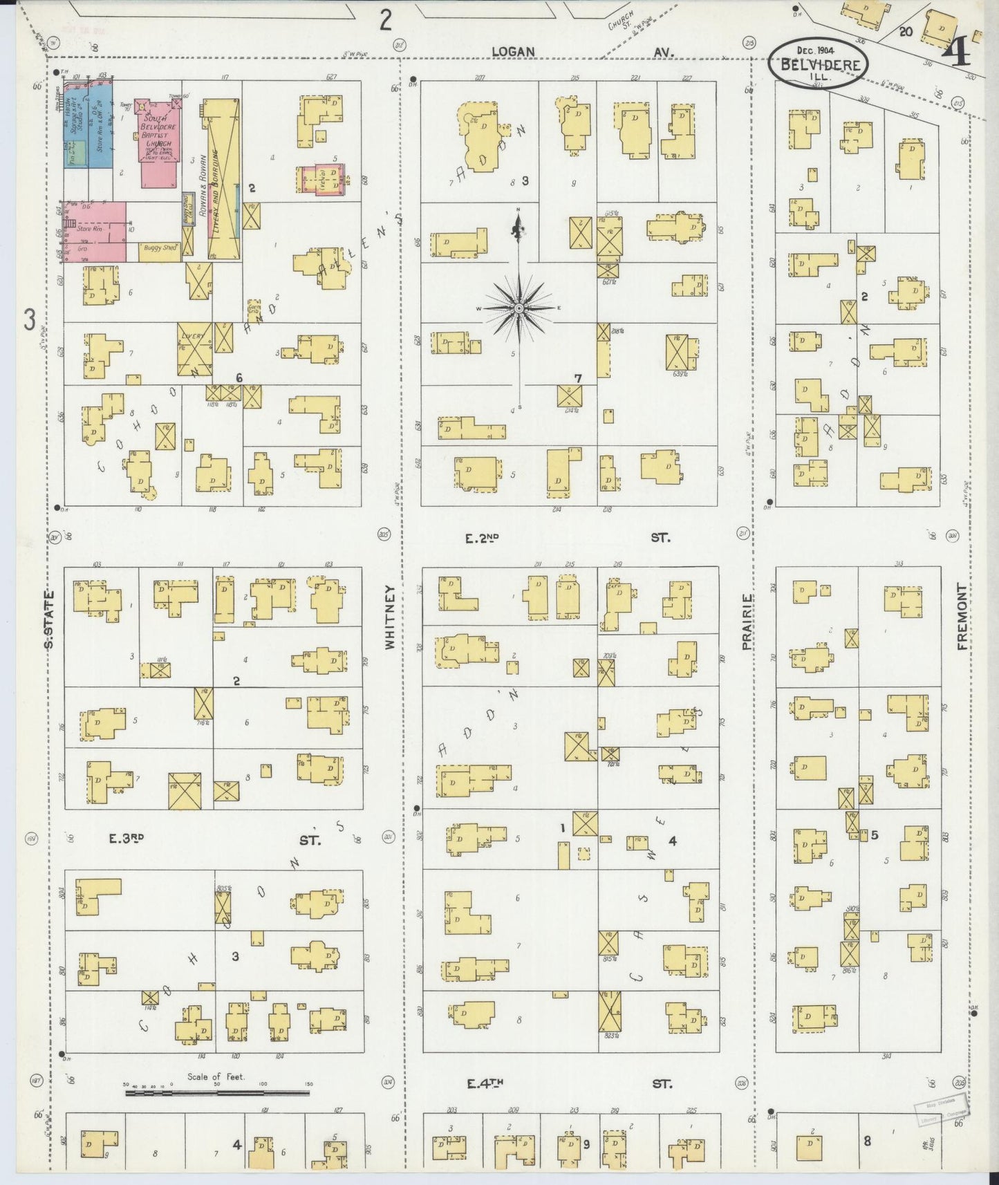 Sanborn Fire Insurance Map from Belvidere, Boone County, Illinois (1904), Sheet #0004 - Historic Sanborn Fire Insurance Map Print, vintage old map wall art, antique decor, genealogy gift, Illinois Illinois map