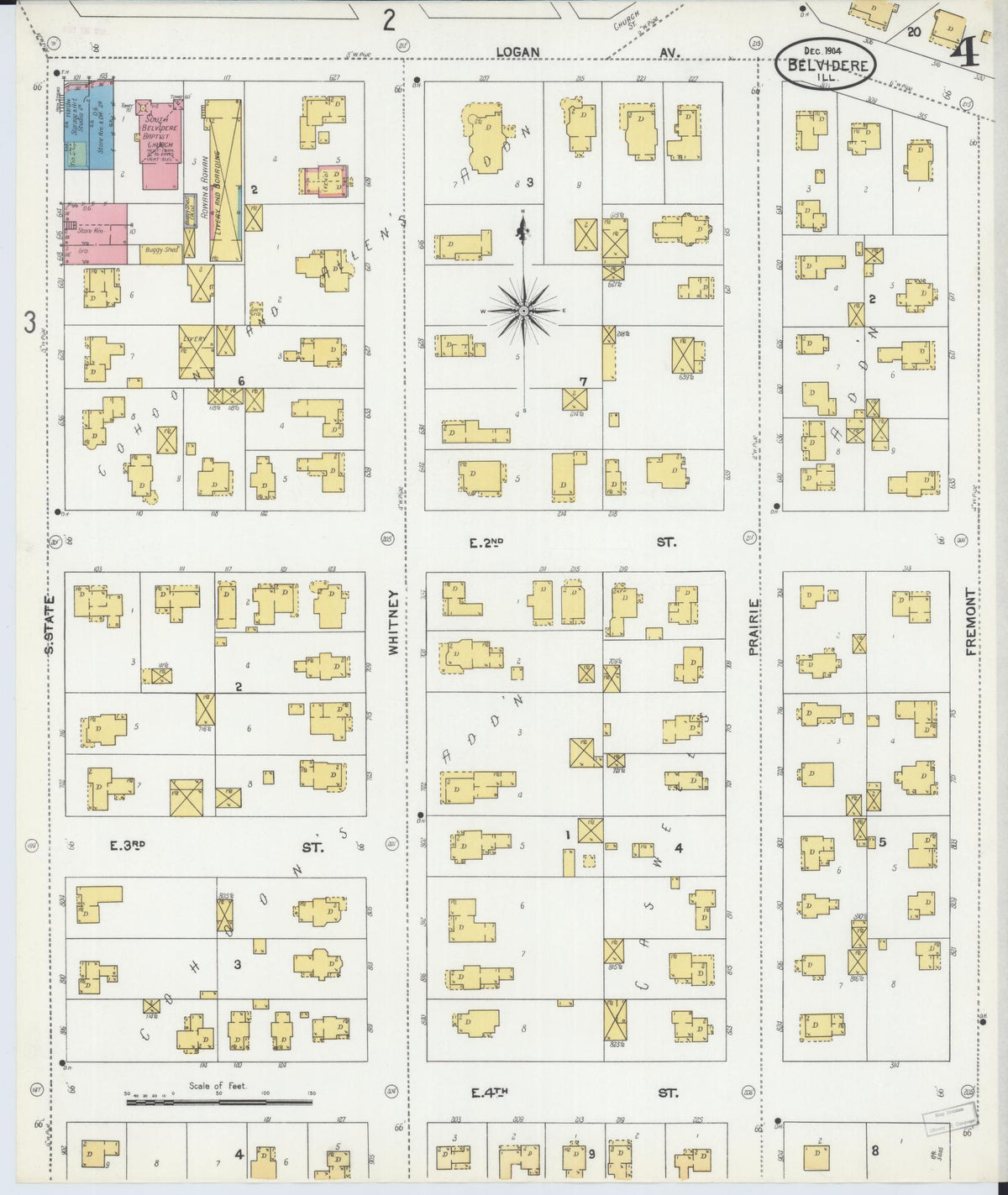 Sanborn Fire Insurance Map from Belvidere, Boone County, Illinois (1904), Sheet #0004 - Historic Sanborn Fire Insurance Map Print, vintage old map wall art, antique decor, genealogy gift, Illinois Illinois map
