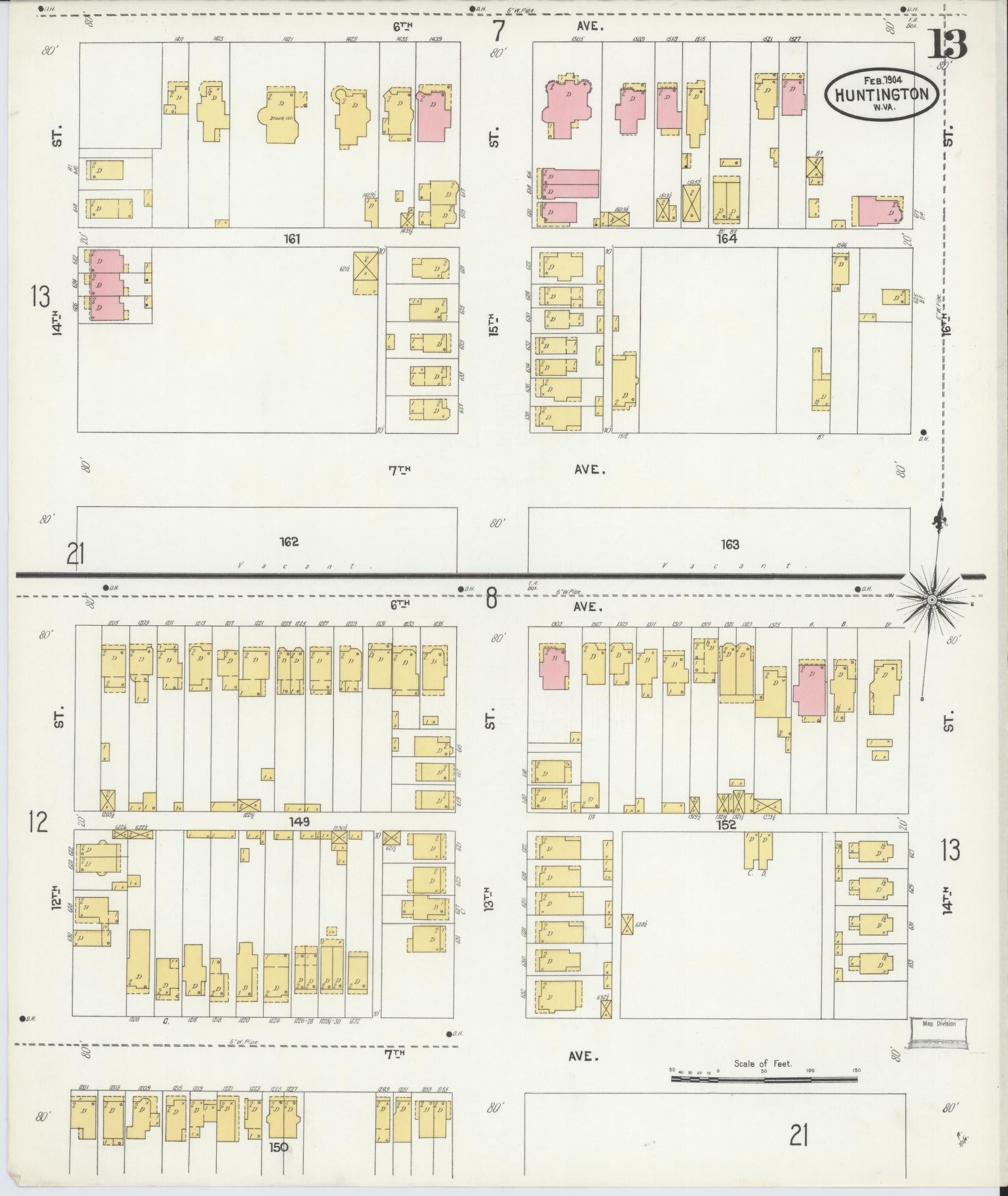 Sanborn Fire Insurance Map from Huntington, Cabell County, West Virginia (1904), Sheet #0013 - Complete Map Set gallery image, historic Sanborn map, vintage wall art, West Virginia West Virginia