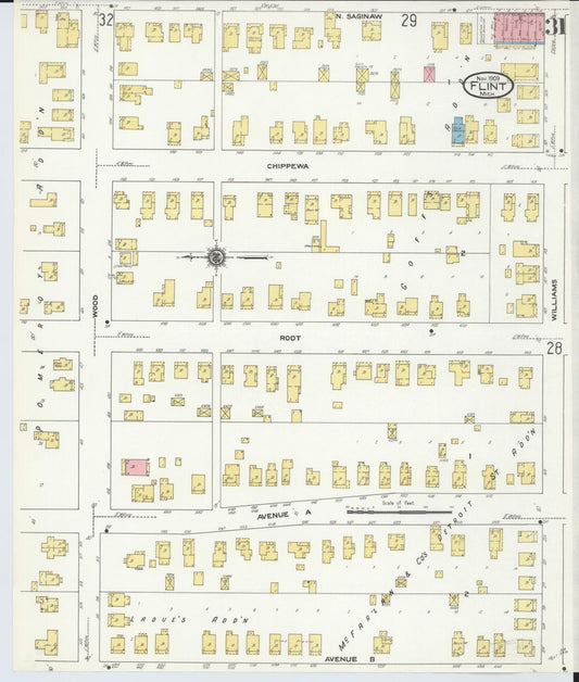 Sanborn Fire Insurance Map from Flint, Genesee County, Michigan (1909), Sheet #0031 - Historic Sanborn Fire Insurance Map Print, vintage old map wall art, antique decor, genealogy gift, Michigan Michigan map