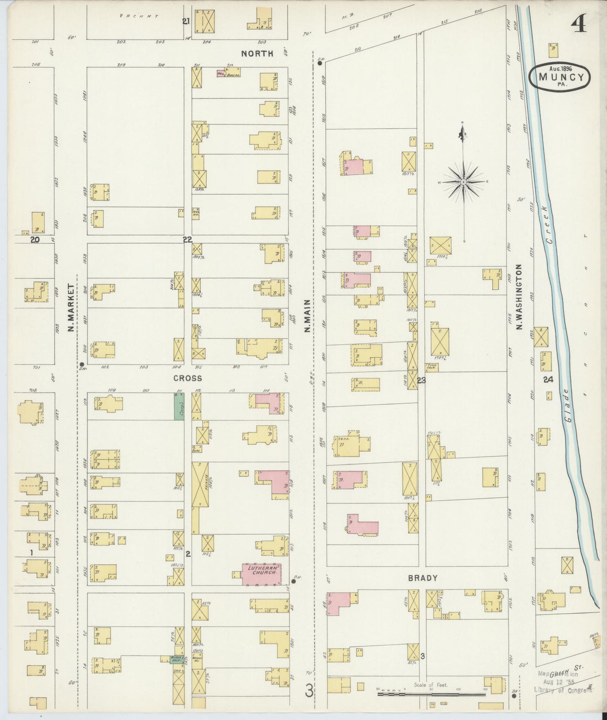 Sanborn Fire Insurance Map from Muncy, Lycoming County, Pennsylvania (1896), Sheet #0004 - Historic Sanborn Fire Insurance Map Print, vintage old map wall art, antique decor, genealogy gift, Pennsylvania Pennsylvania map