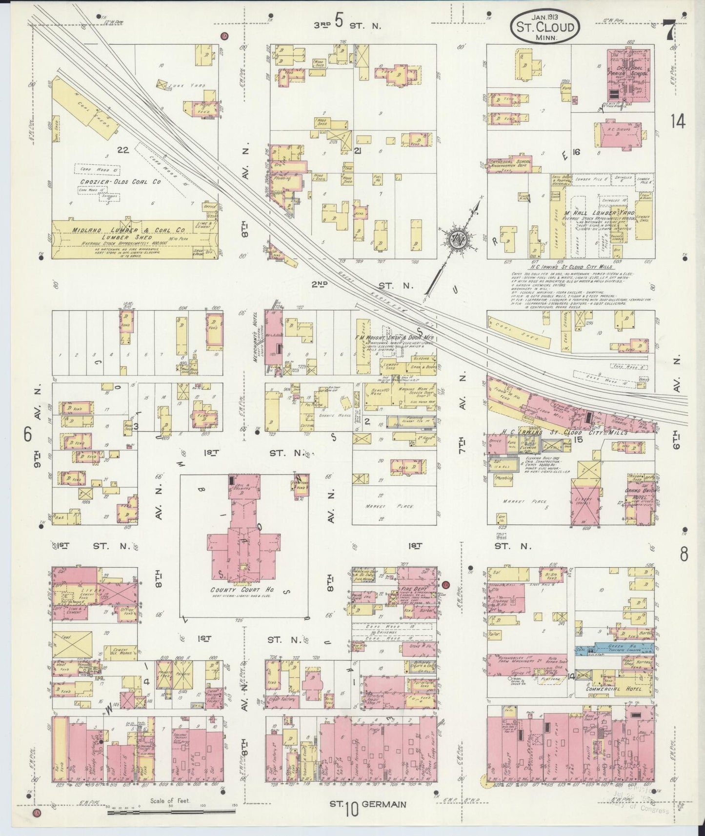 Sanborn Fire Insurance Map from Saint Cloud, Stearns, Benton, and Sherburne Counties, Minnesota (1913), Sheet #0007 - Complete Map Set gallery image, historic Sanborn map, vintage wall art, Minnesota Minnesota
