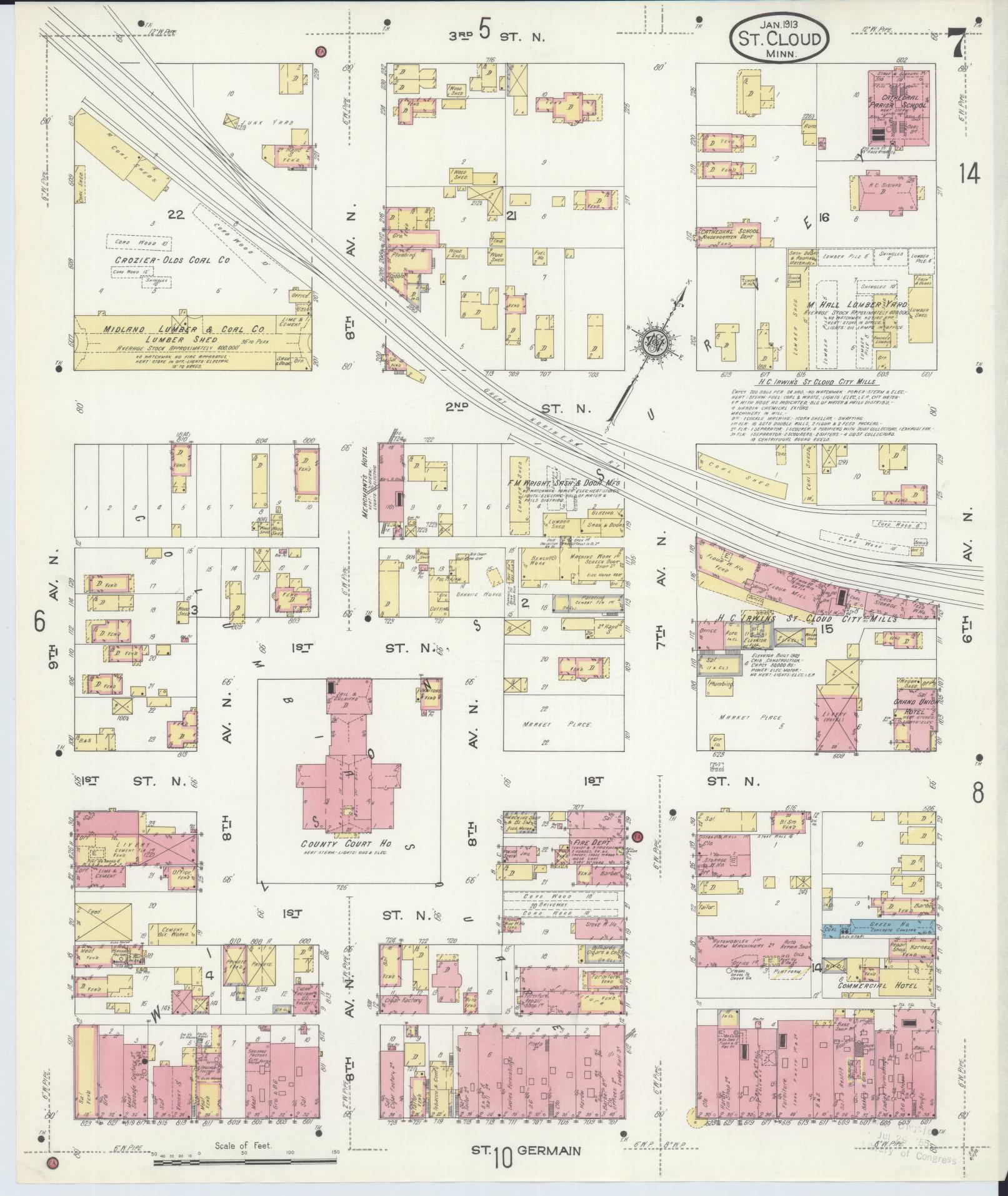 Sanborn Fire Insurance Map from Saint Cloud, Stearns, Benton, and Sherburne Counties, Minnesota (1913), Sheet #0007 - Complete Map Set gallery image, historic Sanborn map, vintage wall art, Minnesota Minnesota