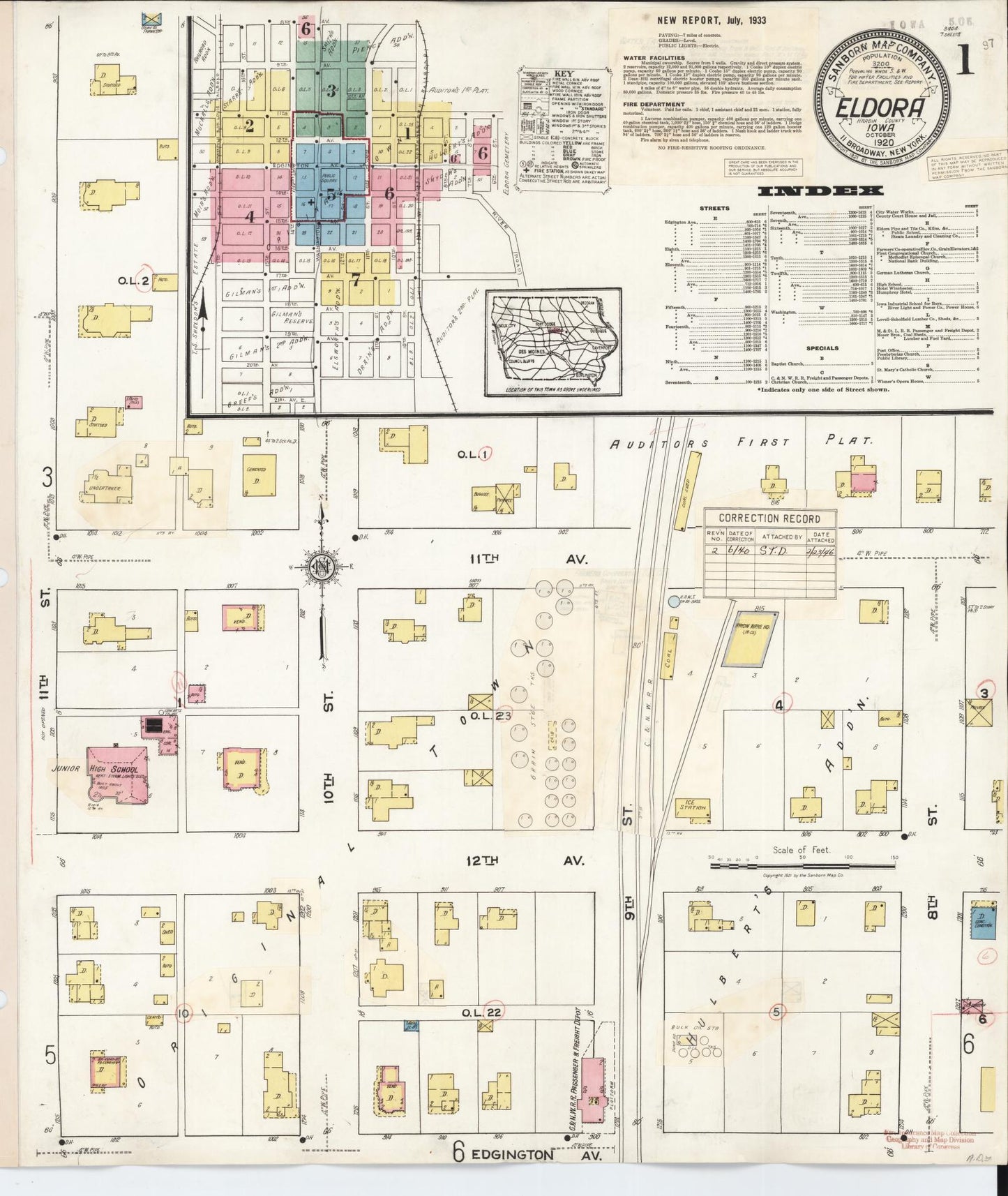 Sanborn Fire Insurance Map from Eldora, Hardin County, Iowa (1940), Sheet #0001 - Historic Sanborn Fire Insurance Map Print, vintage old map wall art