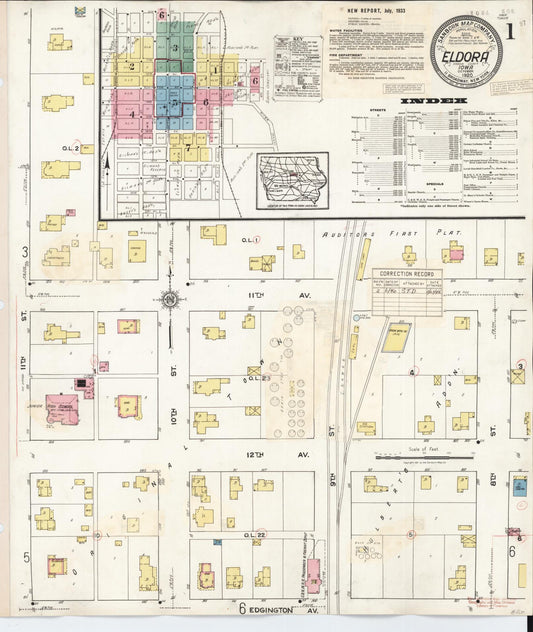 Sanborn Fire Insurance Map from Eldora, Hardin County, Iowa (1940), Sheet #0001 - Historic Sanborn Fire Insurance Map Print, vintage old map wall art