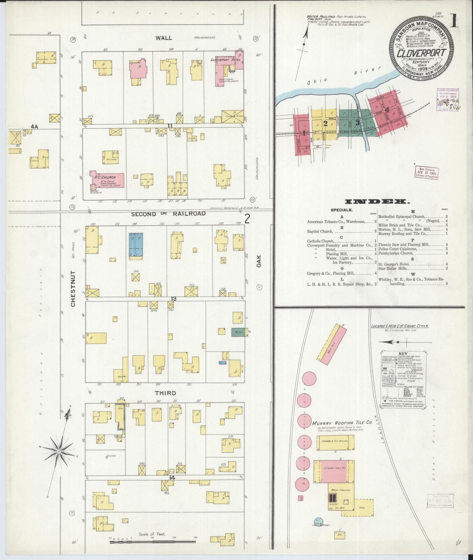 Sanborn Fire Insurance Map from Cloverport, Breckinridge County, Kentucky (1909), Sheet #0001 - Historic Sanborn Fire Insurance Map Print, vintage old map wall art, antique decor, genealogy gift, Kentucky Kentucky map