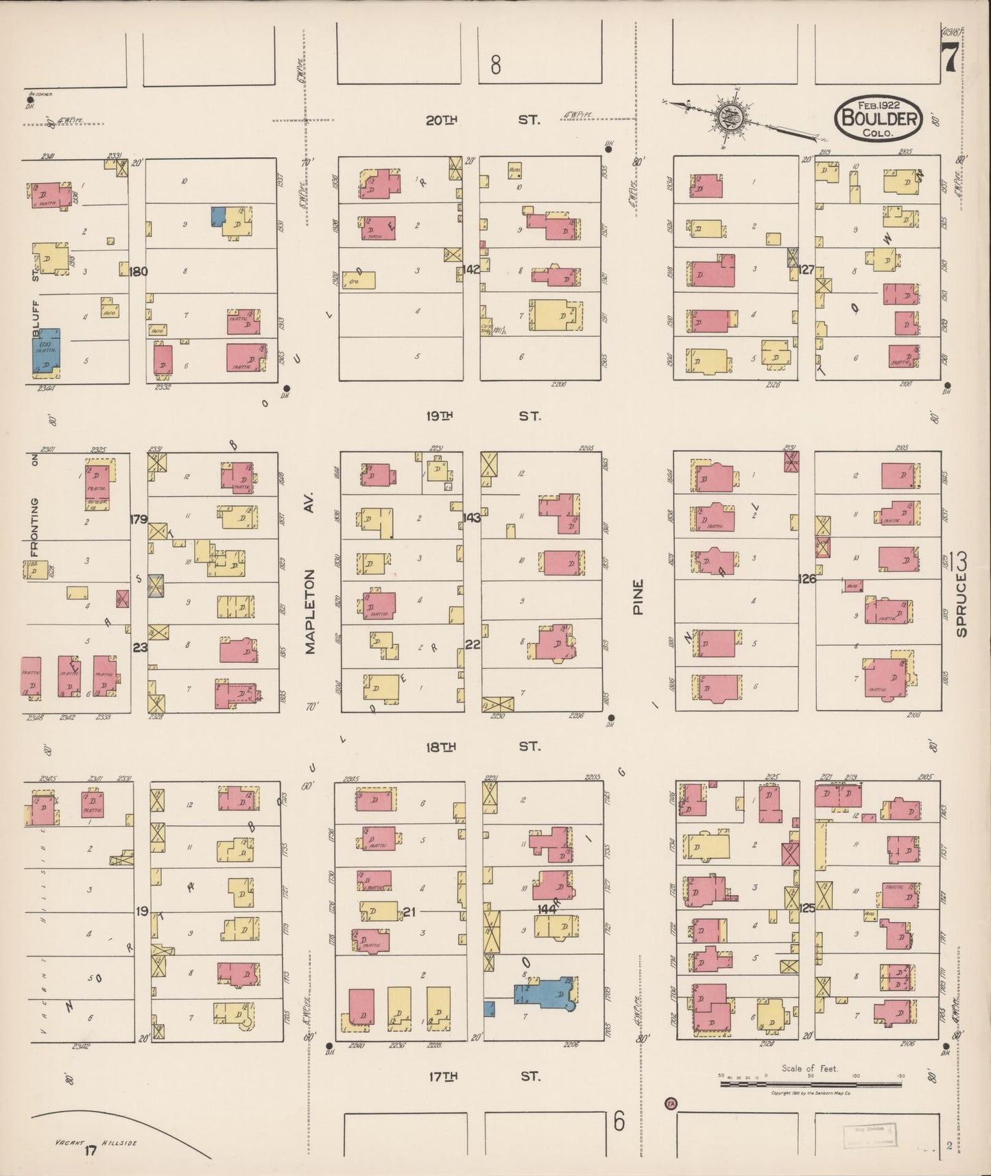Sanborn Fire Insurance Map from Boulder, Boulder County, Colorado (1922), Sheet #0007 - Complete Map Set gallery image, historic Sanborn map, vintage wall art, Colorado Colorado