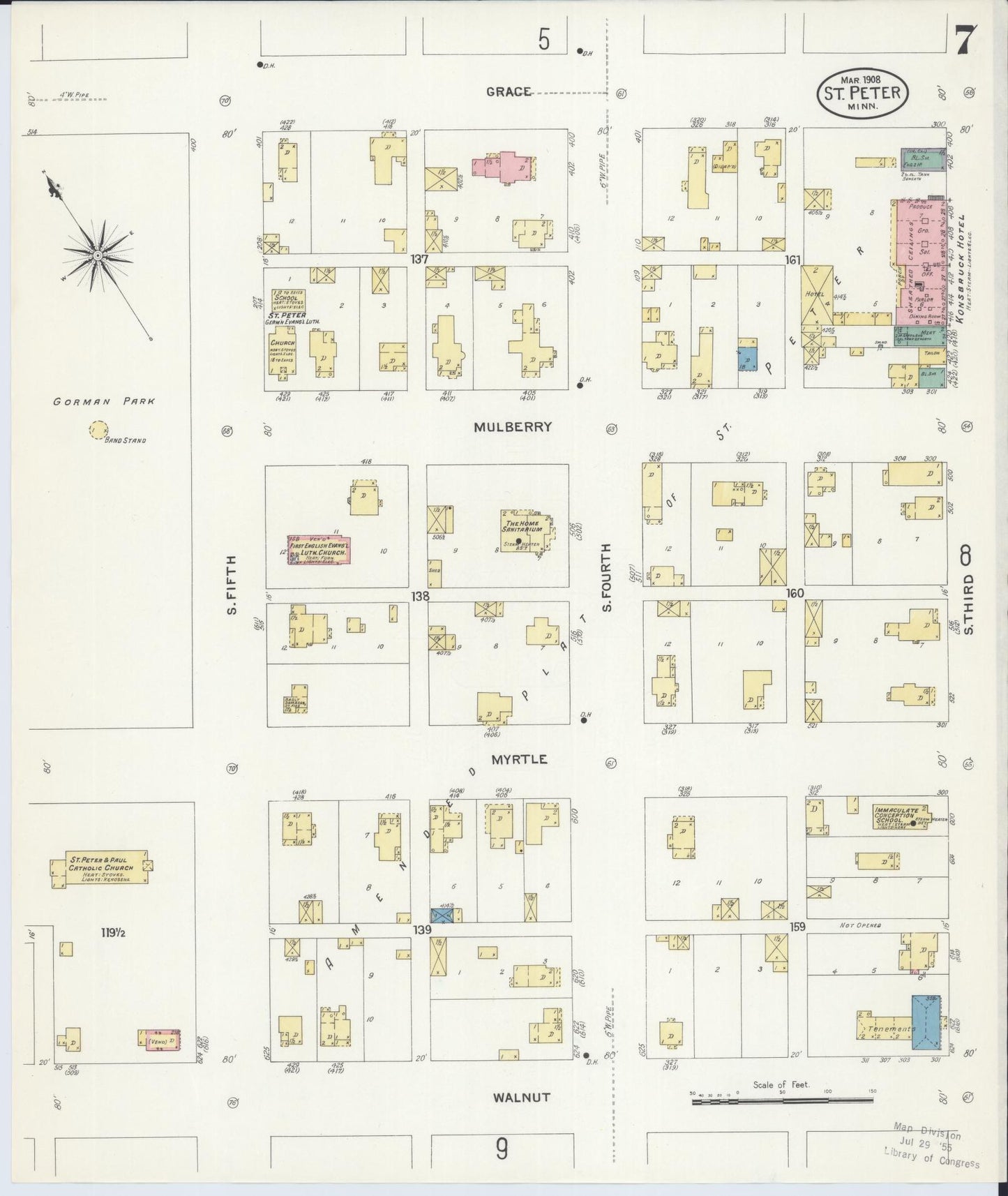 Sanborn Fire Insurance Map from Saint Peter, Nicollet County, Minnesota (1908), Sheet #0007 - Complete Map Set gallery image, historic Sanborn map, vintage wall art, Minnesota Minnesota