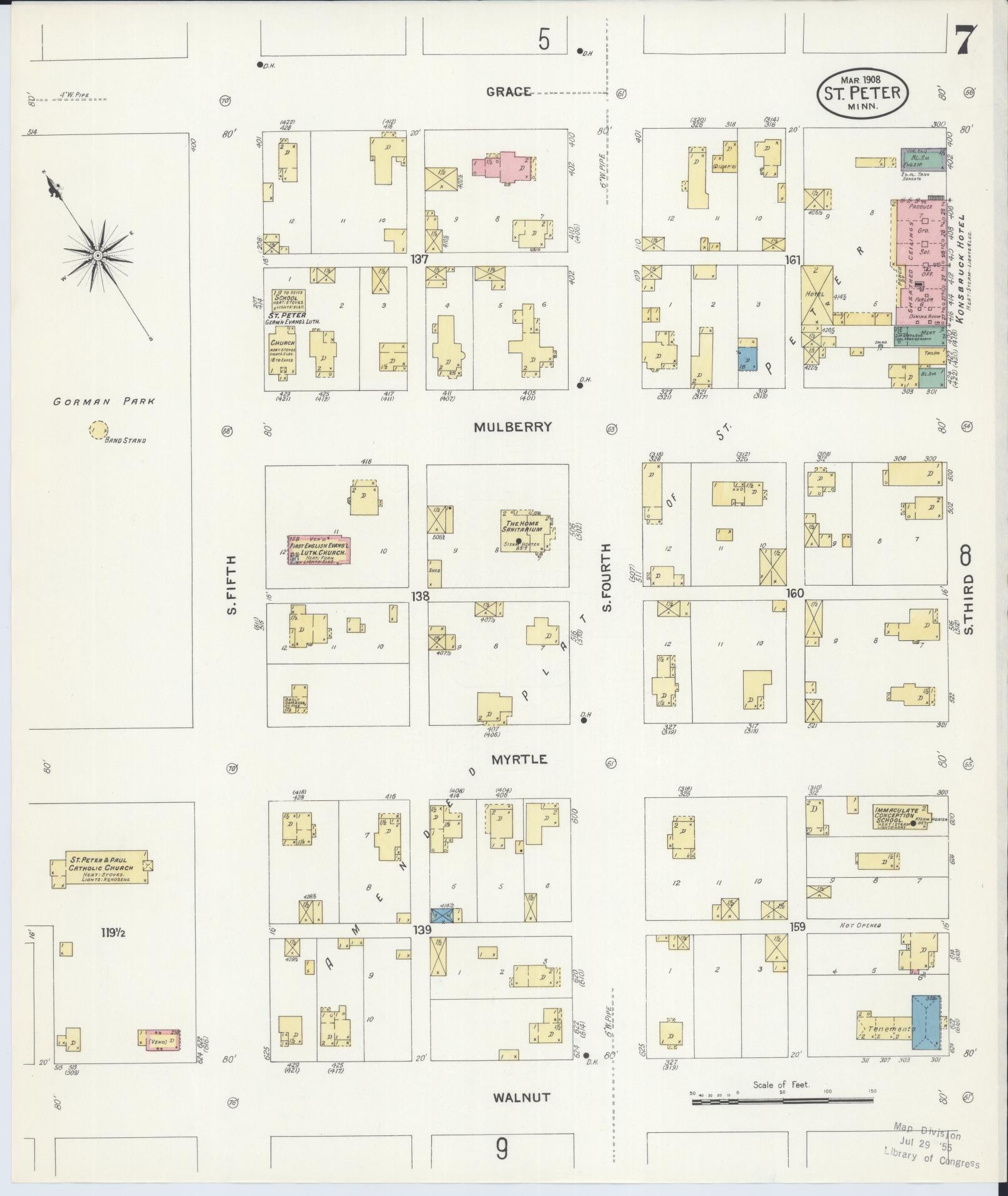 Sanborn Fire Insurance Map from Saint Peter, Nicollet County, Minnesota (1908), Sheet #0007 - Complete Map Set gallery image, historic Sanborn map, vintage wall art, Minnesota Minnesota