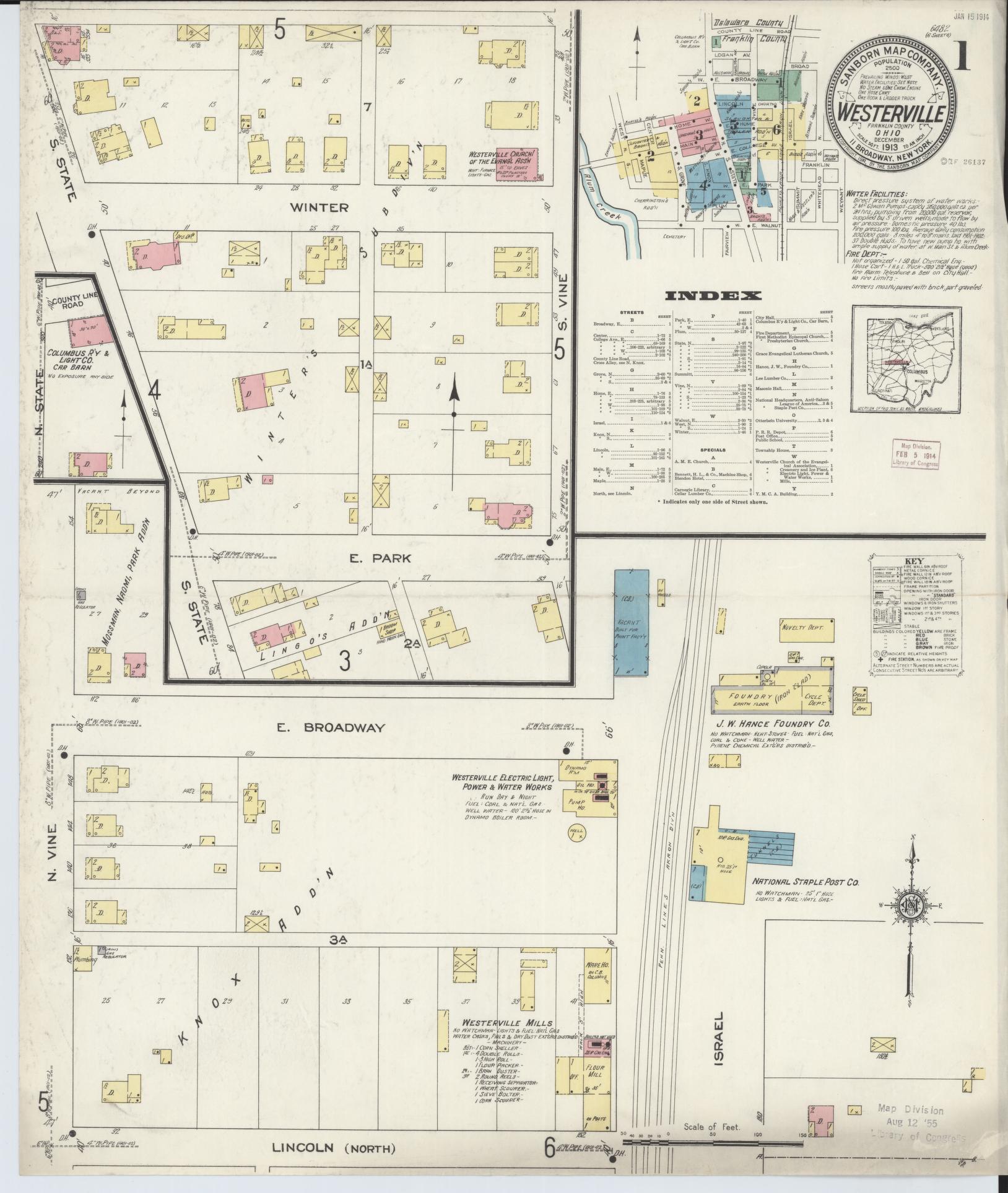 Sanborn Fire Insurance Map from Westerville, Franklin County, Ohio (1913), Sheet #0001 - Historic Sanborn Fire Insurance Map Print, vintage old map wall art, antique decor, genealogy gift, Ohio Ohio map
