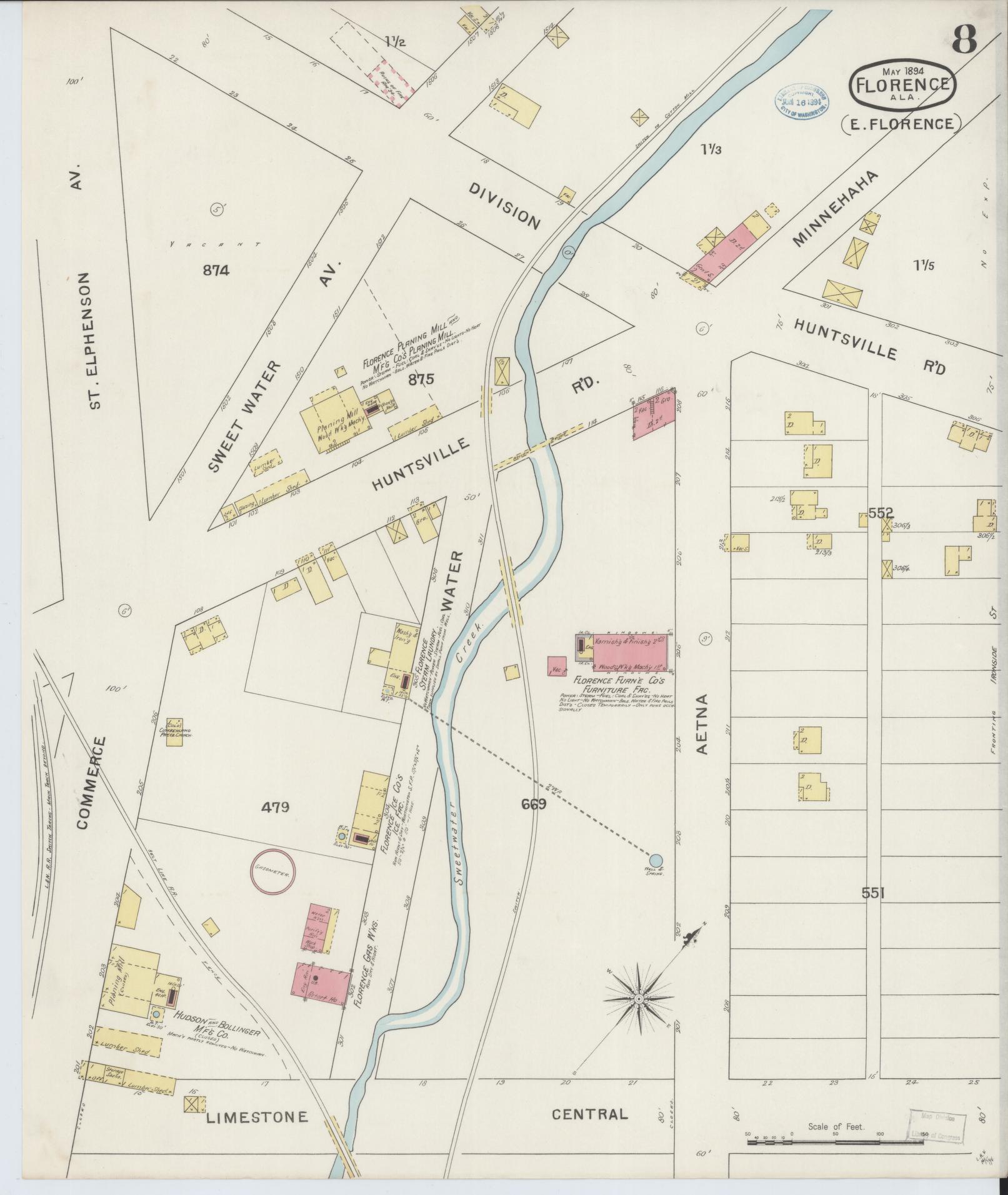 Sanborn Fire Insurance Map from Florence, Lauderdale County, Alabama (1894), Sheet #0008 - Complete Map Set gallery image, historic Sanborn map, vintage wall art, Alabama Alabama