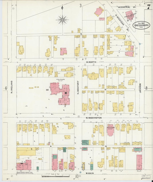 Sanborn Fire Insurance Map from Greensburg, Decatur County, Indiana (1906), Sheet #0007 - Historic Sanborn Fire Insurance Map Print, vintage old map wall art, antique decor, genealogy gift, Indiana Indiana map
