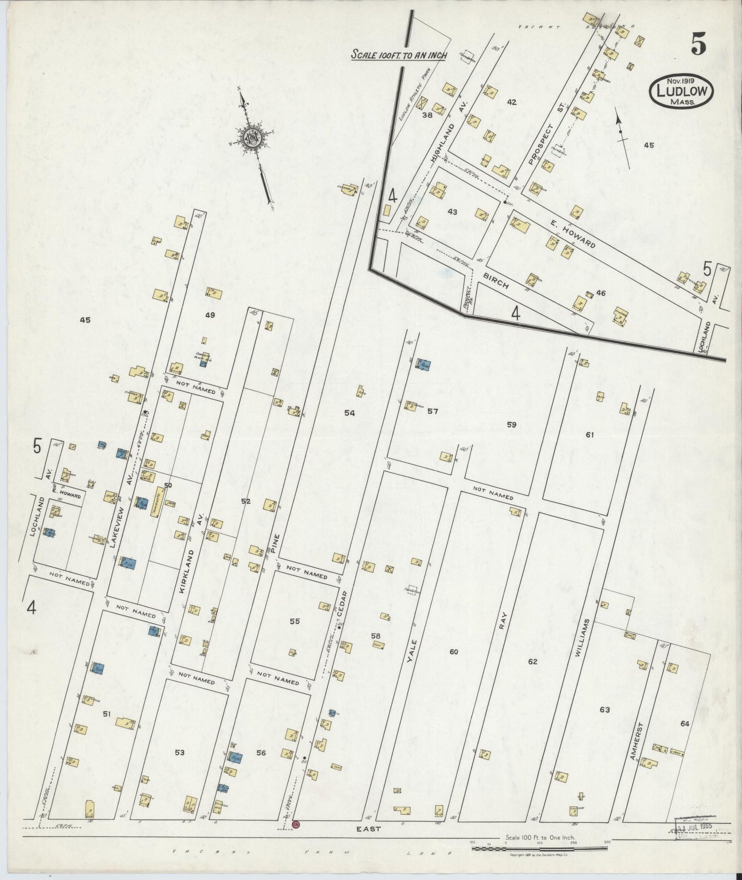 Sanborn Fire Insurance Map from Ludlow, Hampden County, Massachusetts (1919), Sheet #0005 - Historic Sanborn Fire Insurance Map Print, vintage old map wall art, antique decor, genealogy gift, Massachusetts Massachusetts map