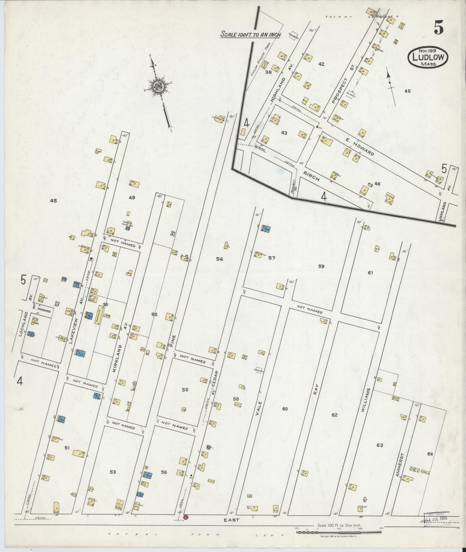 Sanborn Fire Insurance Map from Ludlow, Hampden County, Massachusetts (1919), Sheet #0005 - Historic Sanborn Fire Insurance Map Print, vintage old map wall art, antique decor, genealogy gift, Massachusetts Massachusetts map