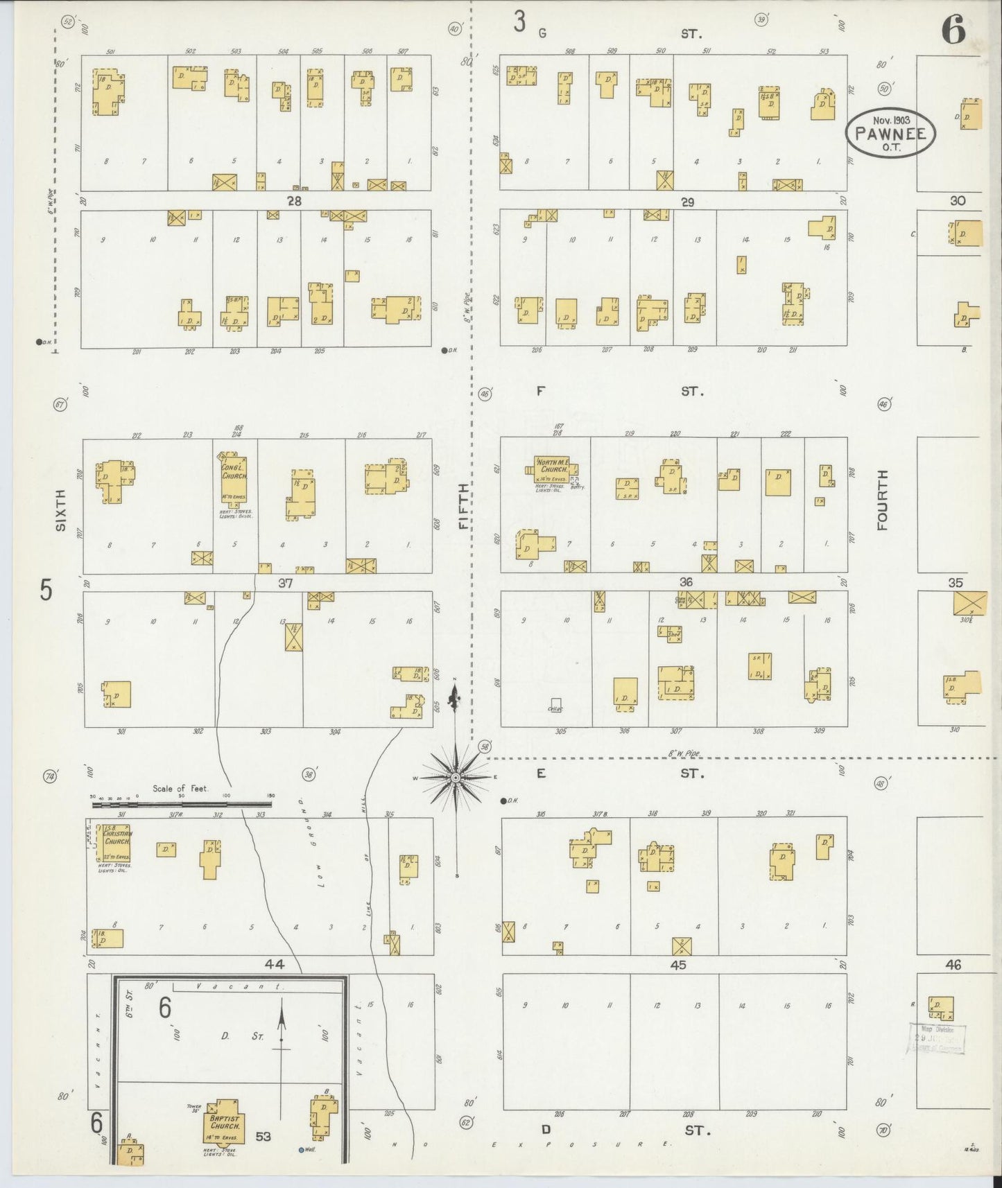 Sanborn Fire Insurance Map from Pawnee, Pawnee County, Oklahoma (1903), Sheet #0006 - Complete Map Set gallery image, historic Sanborn map, vintage wall art, Oklahoma Oklahoma