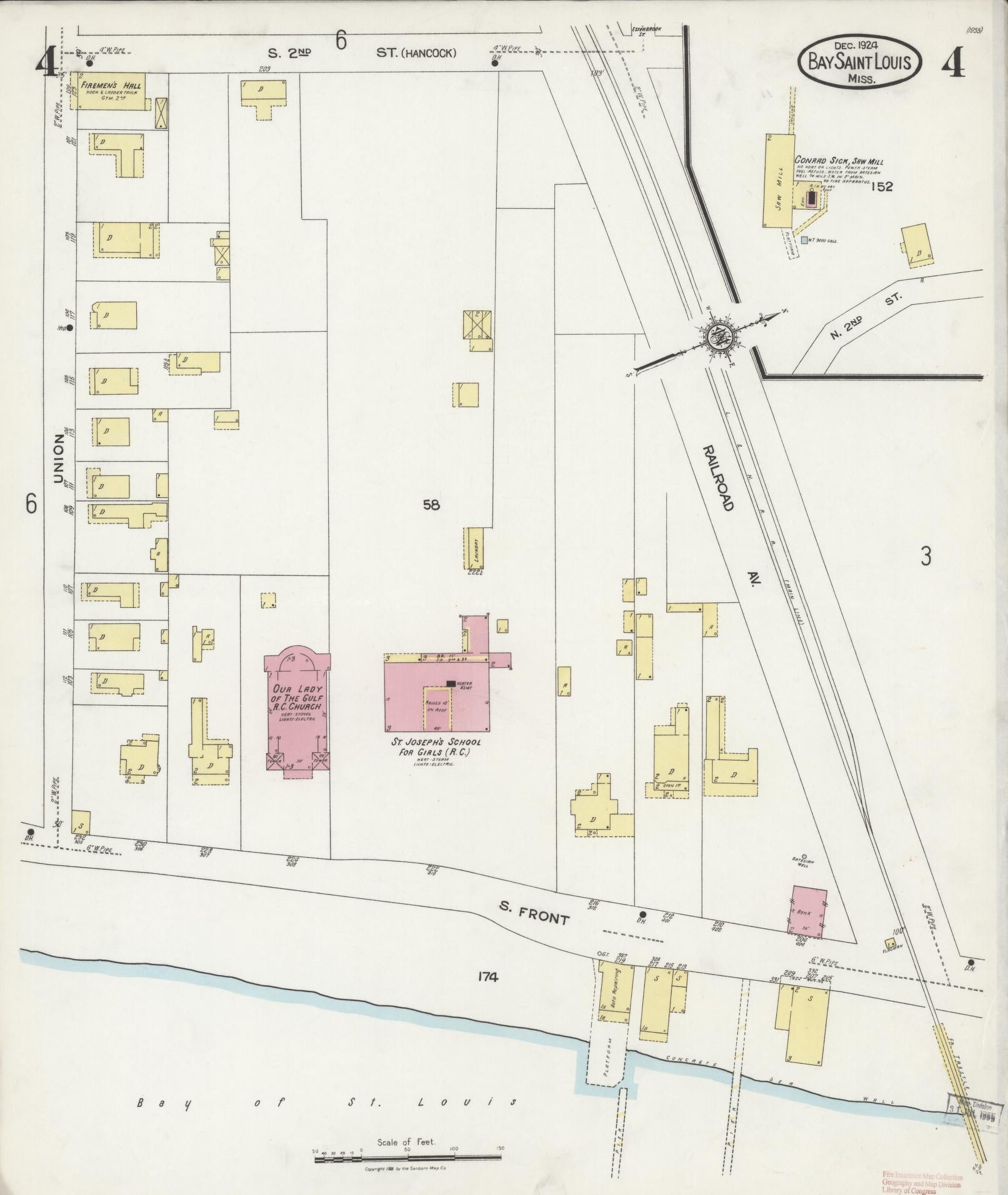 Sanborn Fire Insurance Map from Bay Saint Louis, Hancock County, Mississippi (1924), Sheet #0004 - Historic Sanborn Fire Insurance Map Print, vintage old map wall art, antique decor, genealogy gift, Mississippi Mississippi map
