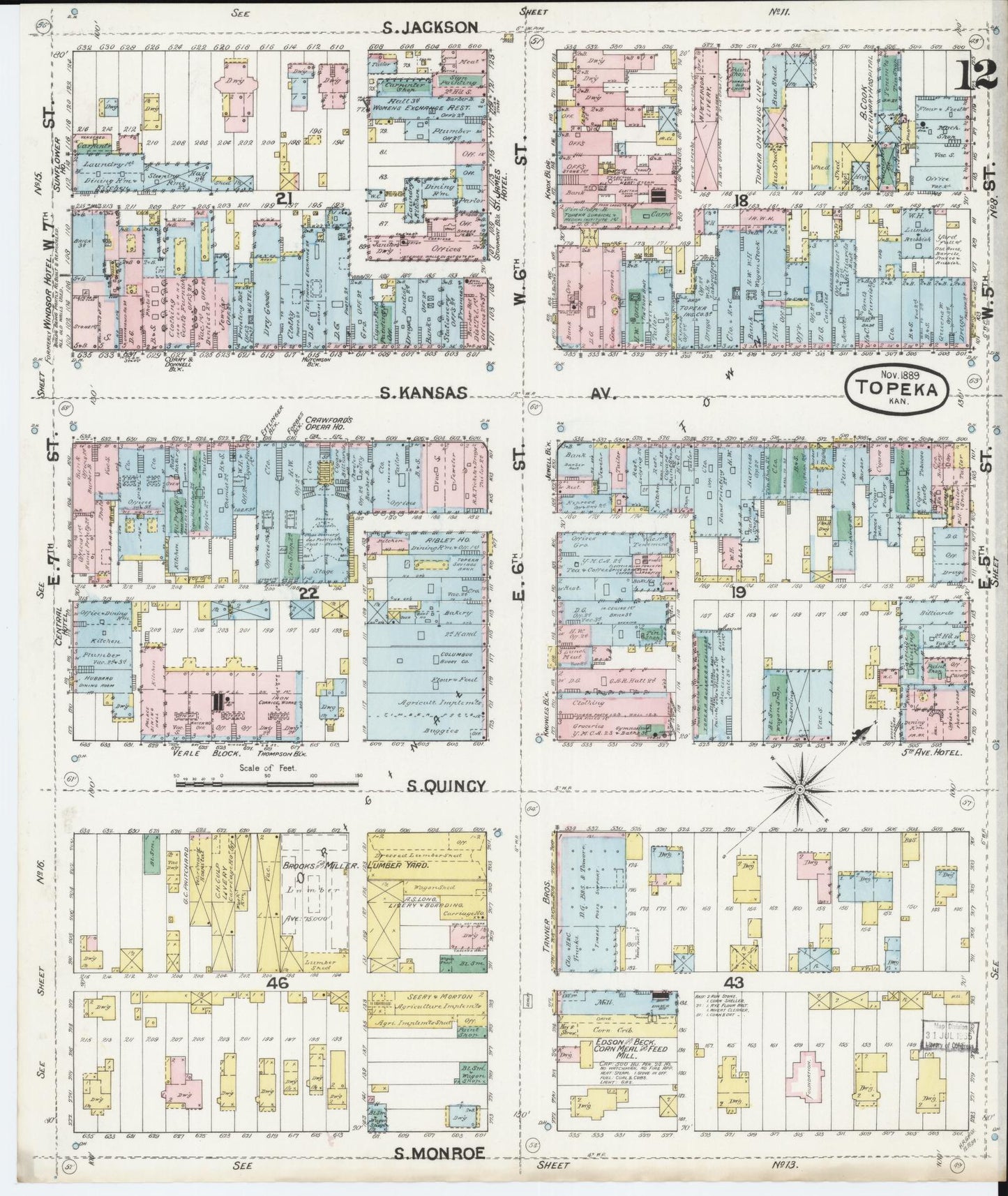 Sanborn Fire Insurance Map from Topeka, Shawnee County, Kansas (1889), Sheet #0013 - Complete Map Set gallery image, historic Sanborn map, vintage wall art, Kansas Kansas