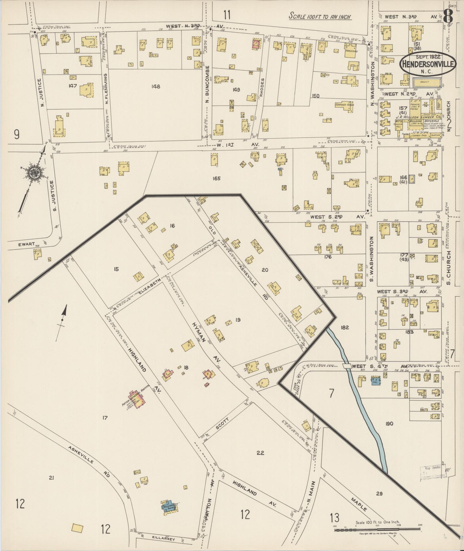 Sanborn Fire Insurance Map from Hendersonville, Henderson County, North Carolina (1922), Sheet #0008 - Historic Sanborn Fire Insurance Map Print, vintage old map wall art, antique decor, genealogy gift, North Carolina North Carolina map