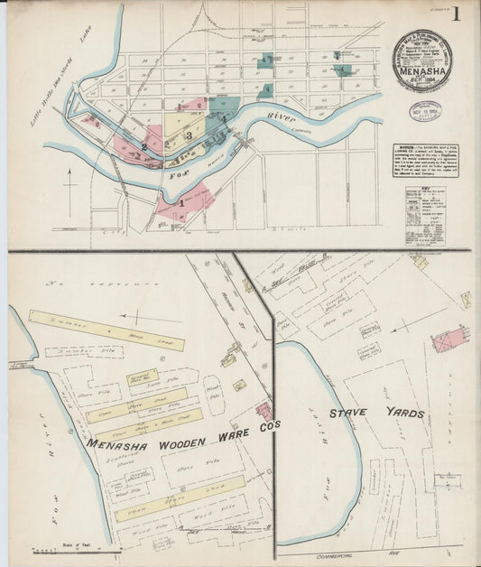 Sanborn Fire Insurance Map from Menasha, Winnebago County, Wisconsin (1884), Sheet #0001 - Historic Sanborn Fire Insurance Map Print, vintage old map wall art, antique decor, genealogy gift, Wisconsin Wisconsin map