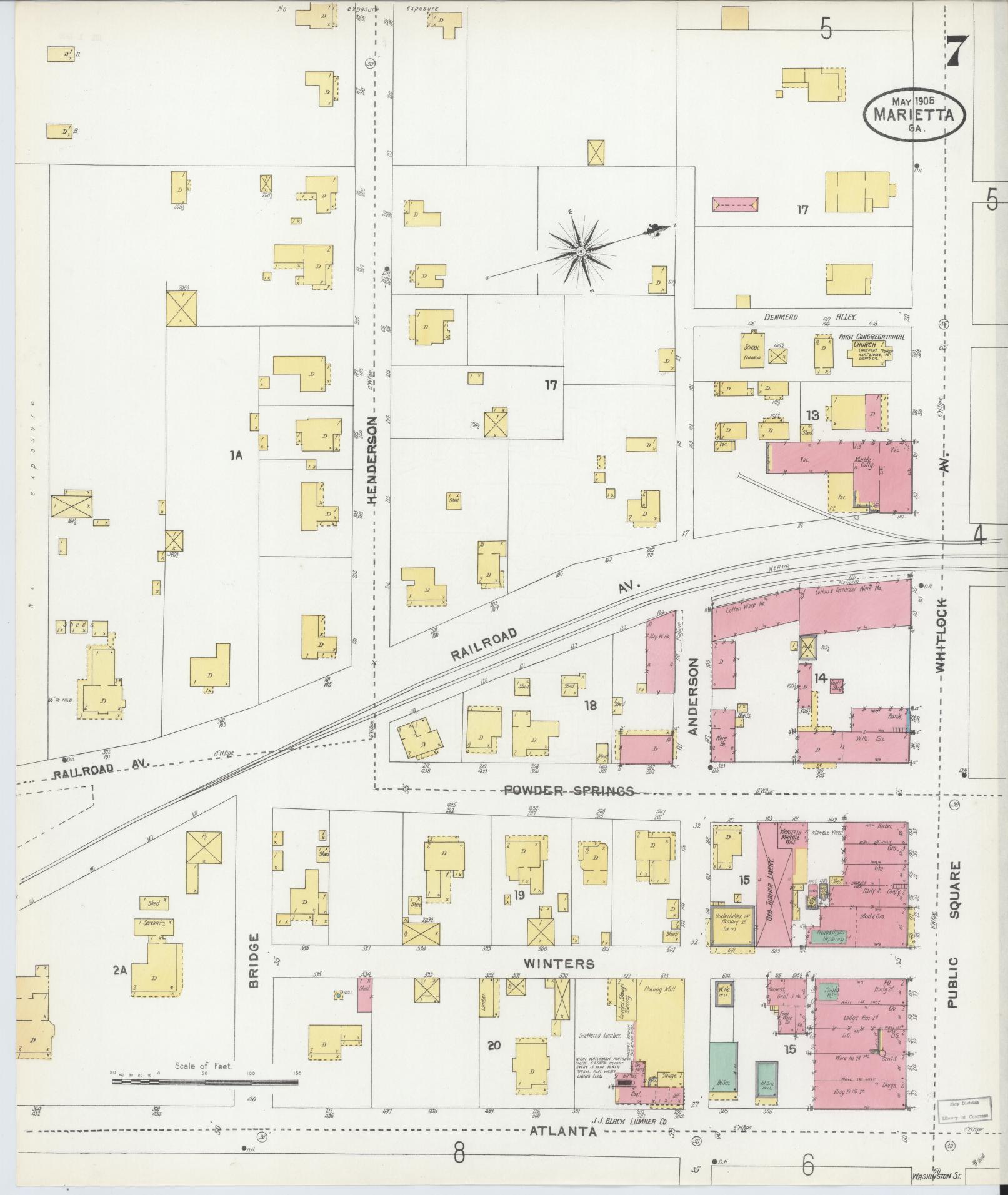Sanborn Fire Insurance Map from Marietta, Cobb County, Georgia (1905), Sheet #0007 - Historic Sanborn Fire Insurance Map Print, vintage old map wall art, antique decor, genealogy gift, Georgia Georgia map