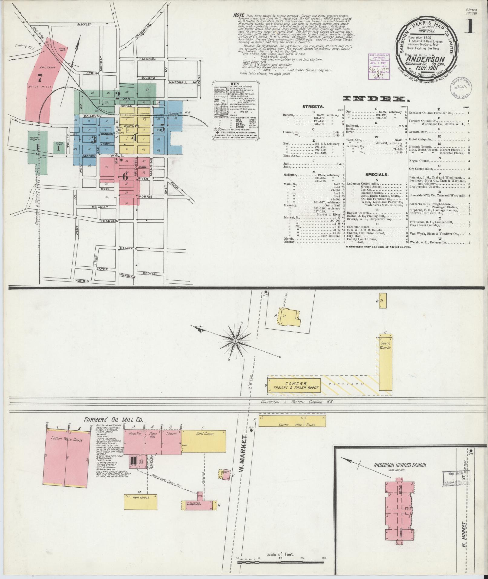 Sanborn Fire Insurance Map from Anderson, Anderson County, South Carolina (1901), Sheet #0001 - Complete Map Set gallery image, historic Sanborn map, vintage wall art, South Carolina South Carolina