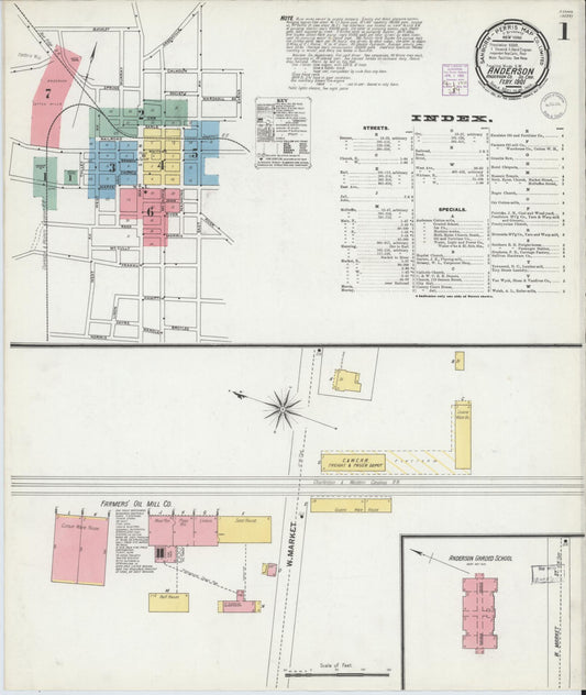Sanborn Fire Insurance Map from Anderson, Anderson County, South Carolina (1901), Sheet #0001 - Complete Map Set gallery image, historic Sanborn map, vintage wall art, South Carolina South Carolina